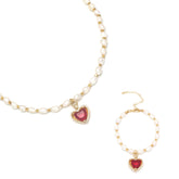 Amora Duo Set Freshwater Pearl Necklace & Bracelet with Red Heart Charm