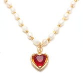 Amora Necklace Freshwater Pearl Necklace with Red Heart Pendant