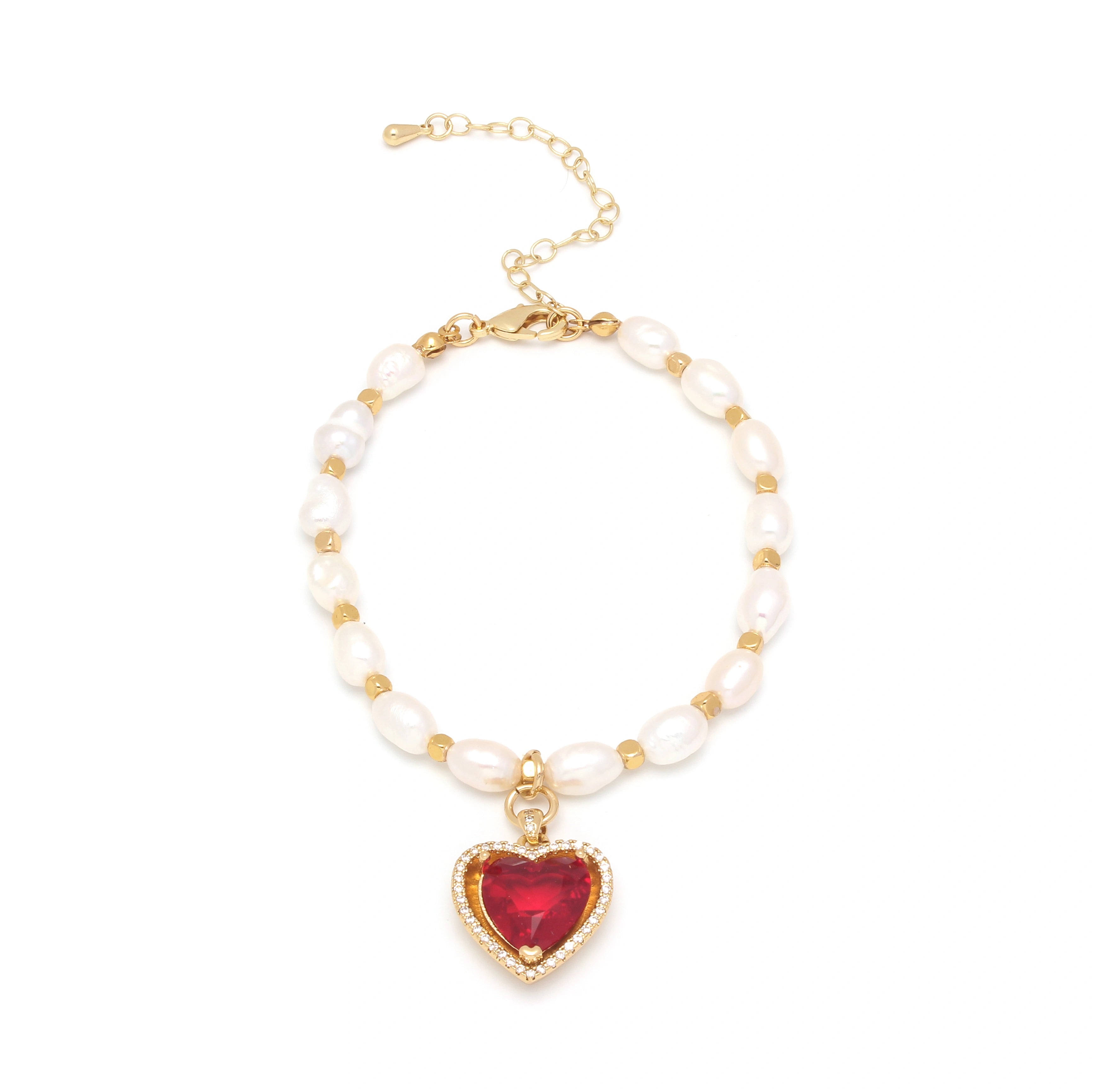 Amora Bracelet Freshwater Pearl Bracelet with Red Heart Charm