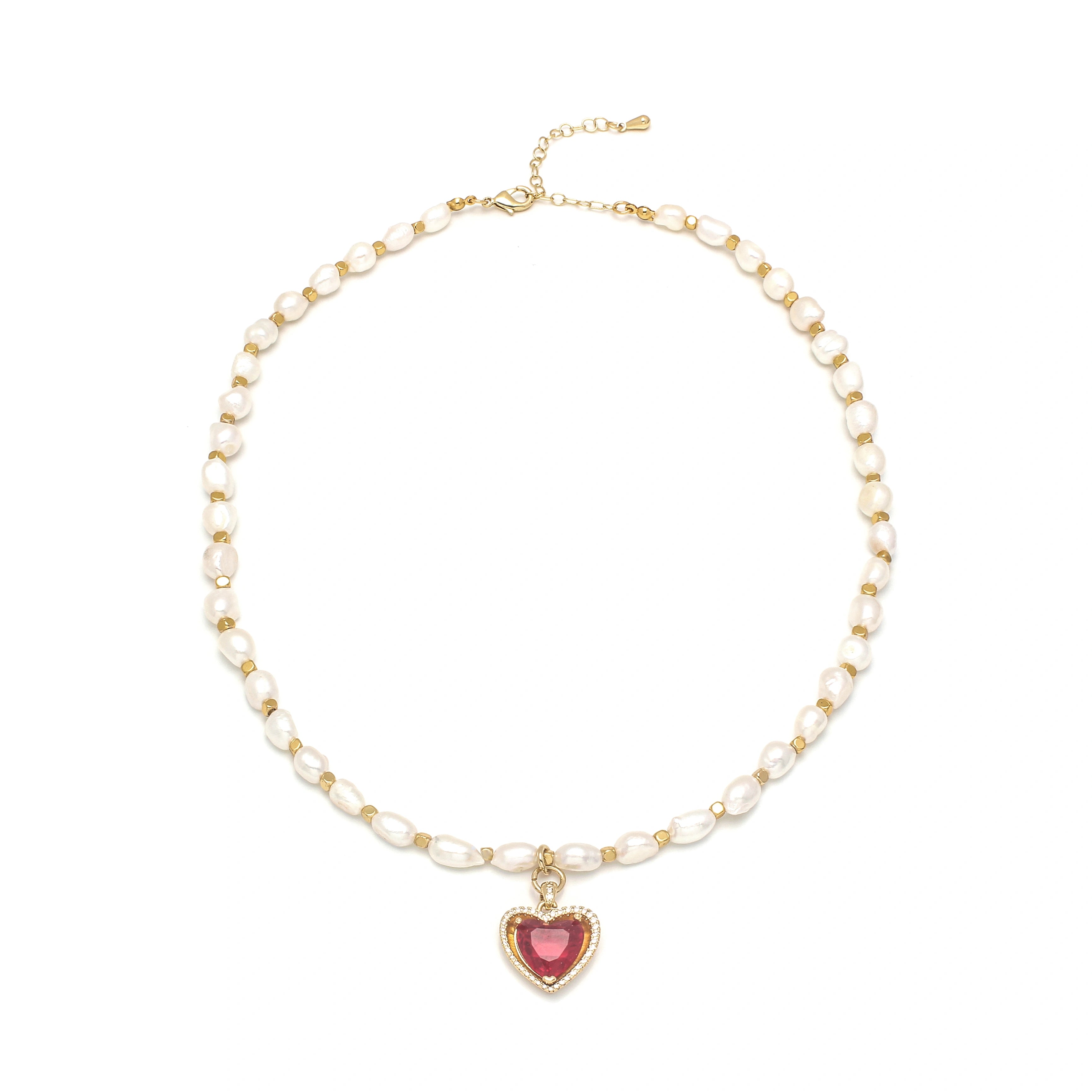 Amora Necklace Freshwater Pearl Necklace with Red Heart Pendant