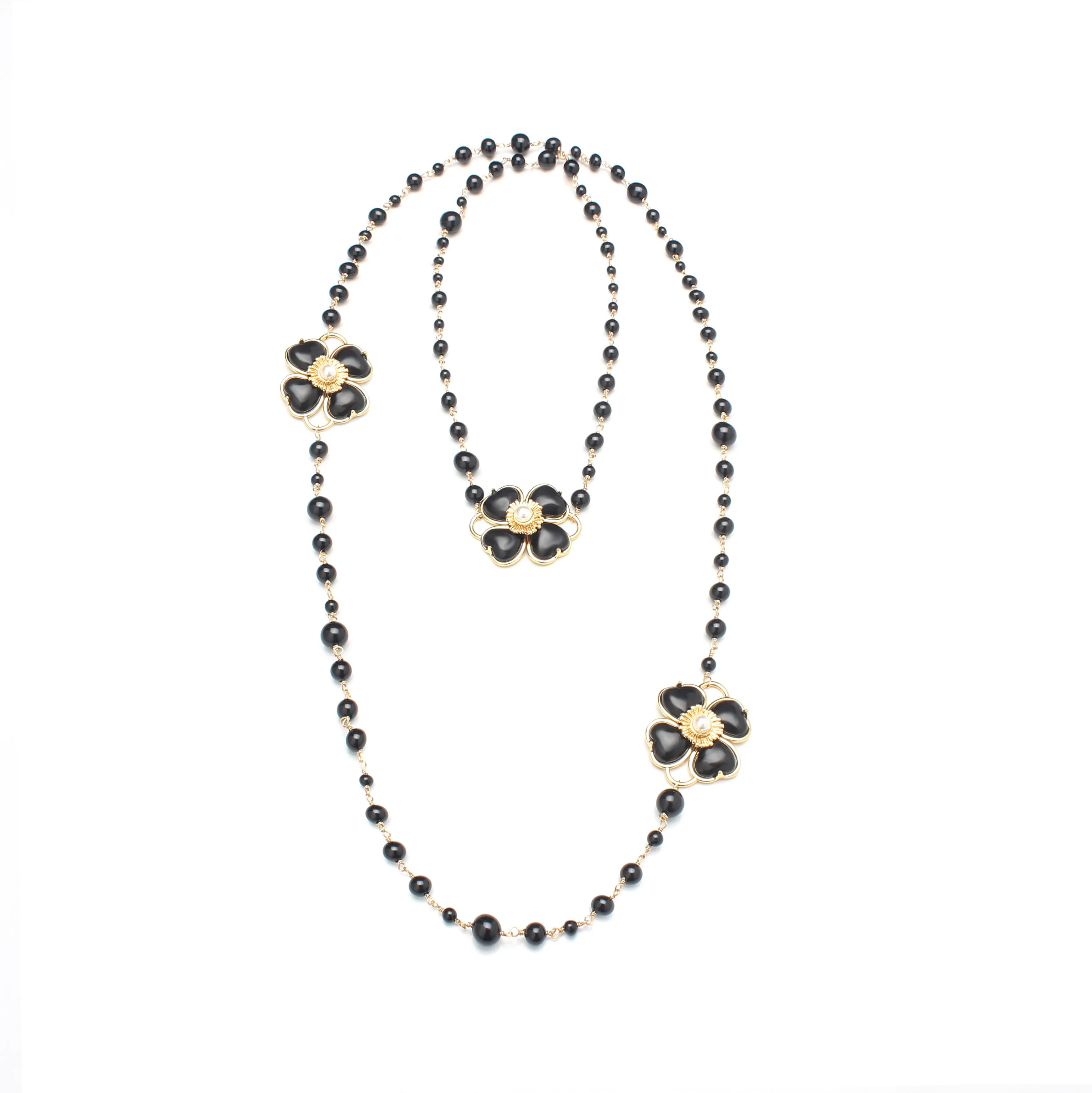 Fleur Noir Necklace Long Black Beaded Necklace with Floral Accents