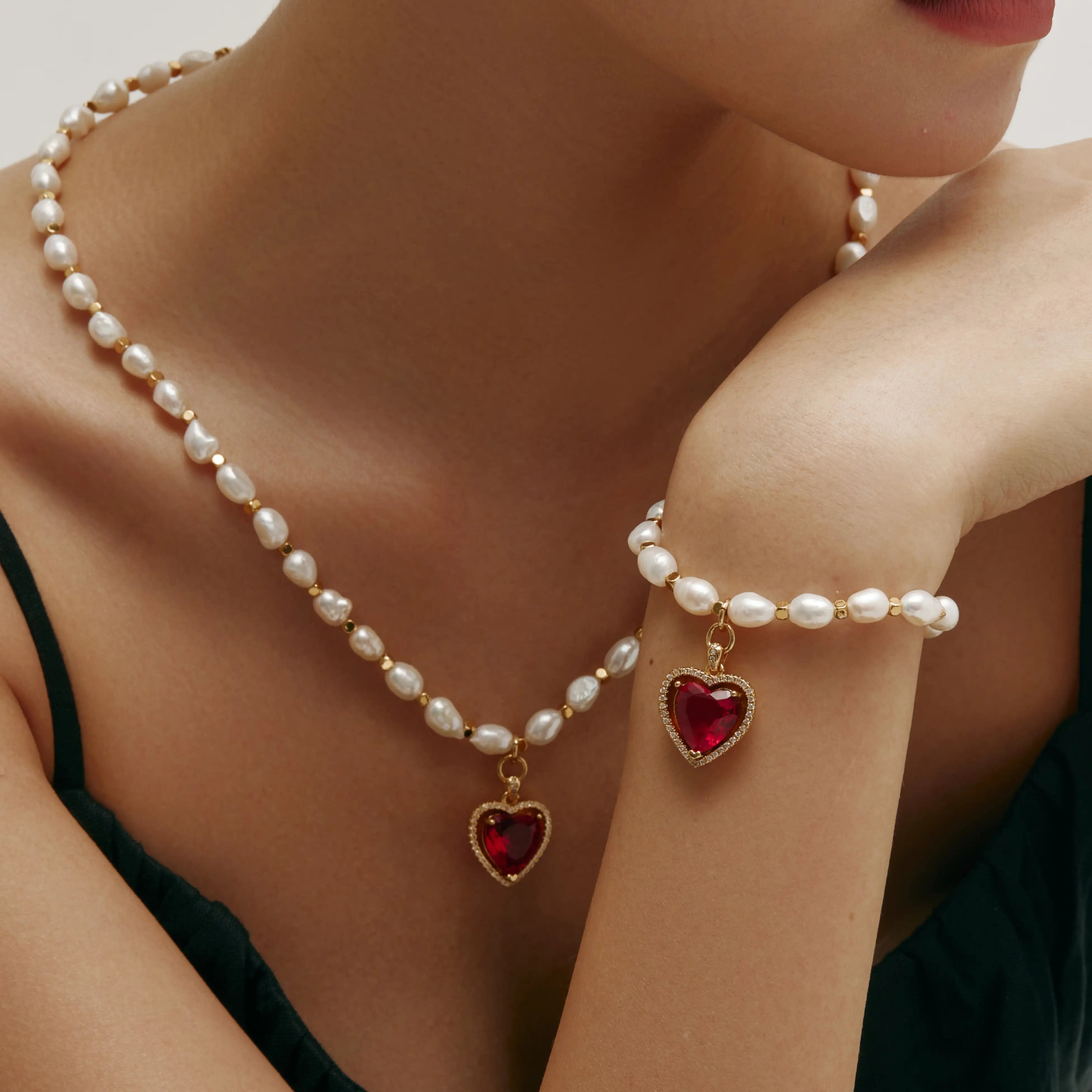 Amora Bracelet Freshwater Pearl Bracelet with Red Heart Charm