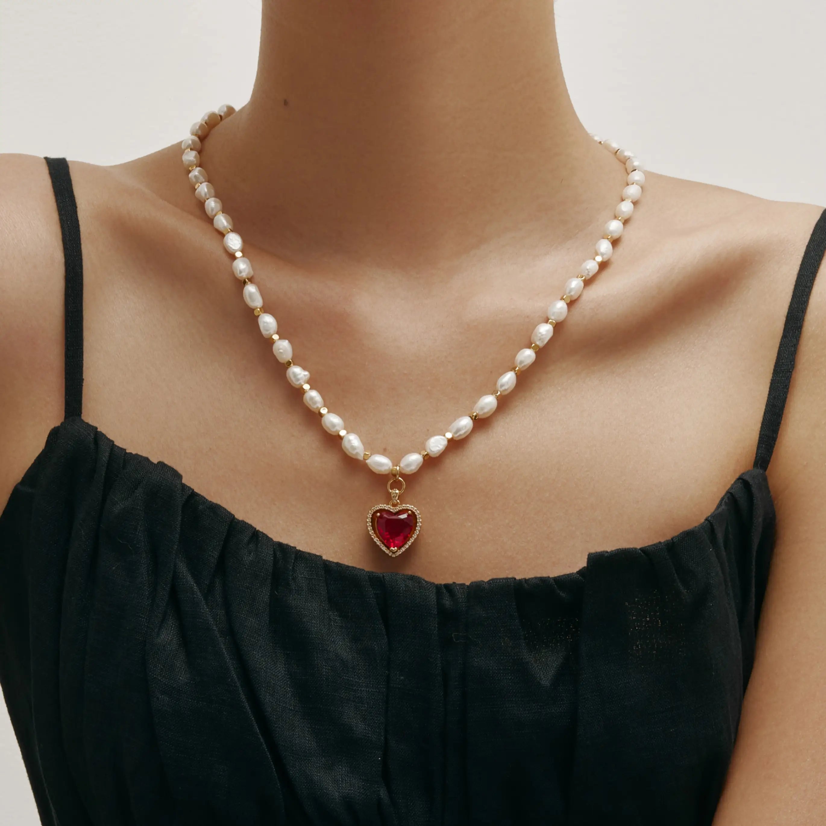 Amora Necklace Freshwater Pearl Necklace with Red Heart Pendant