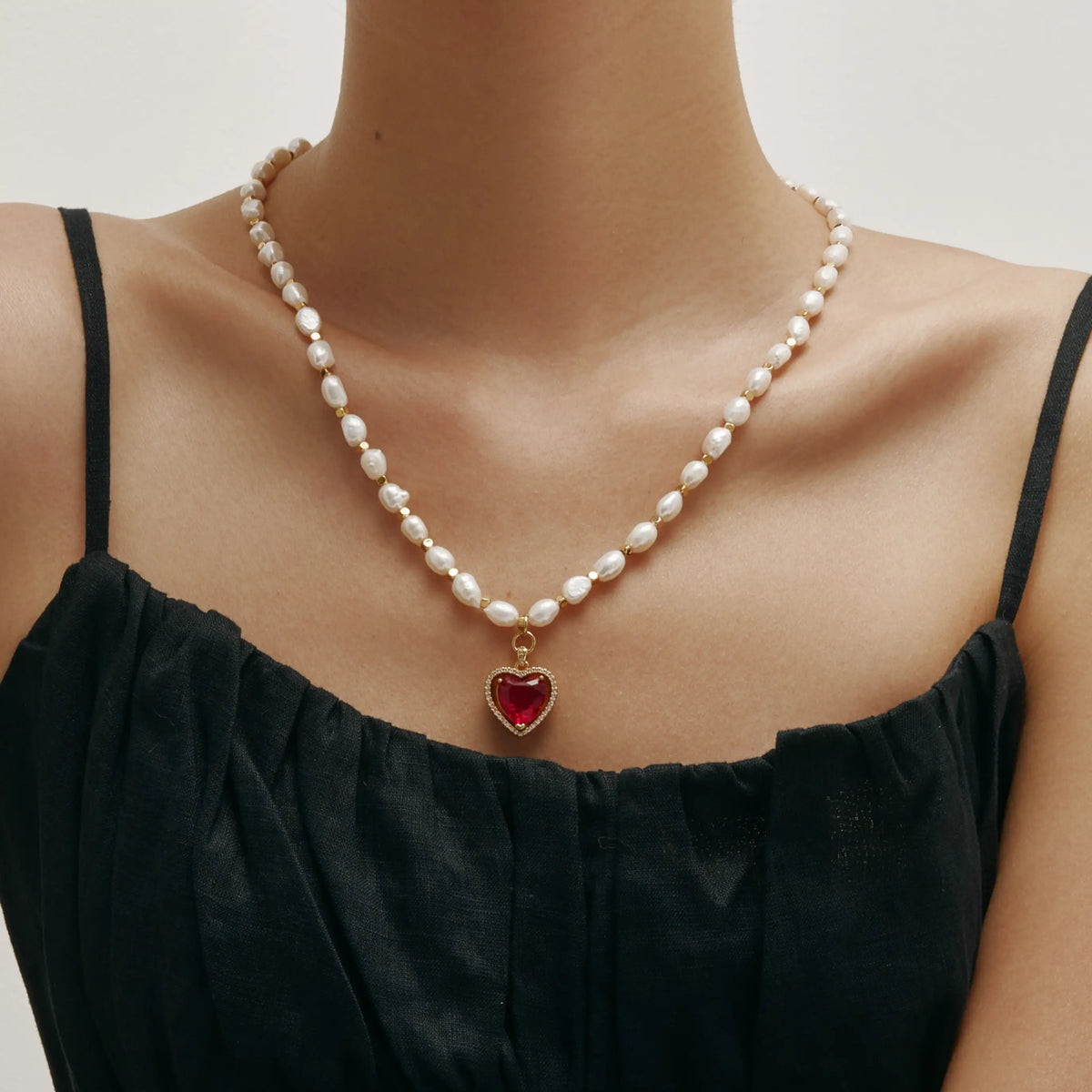 Amora Necklace Freshwater Pearl Necklace with Red Heart Pendant