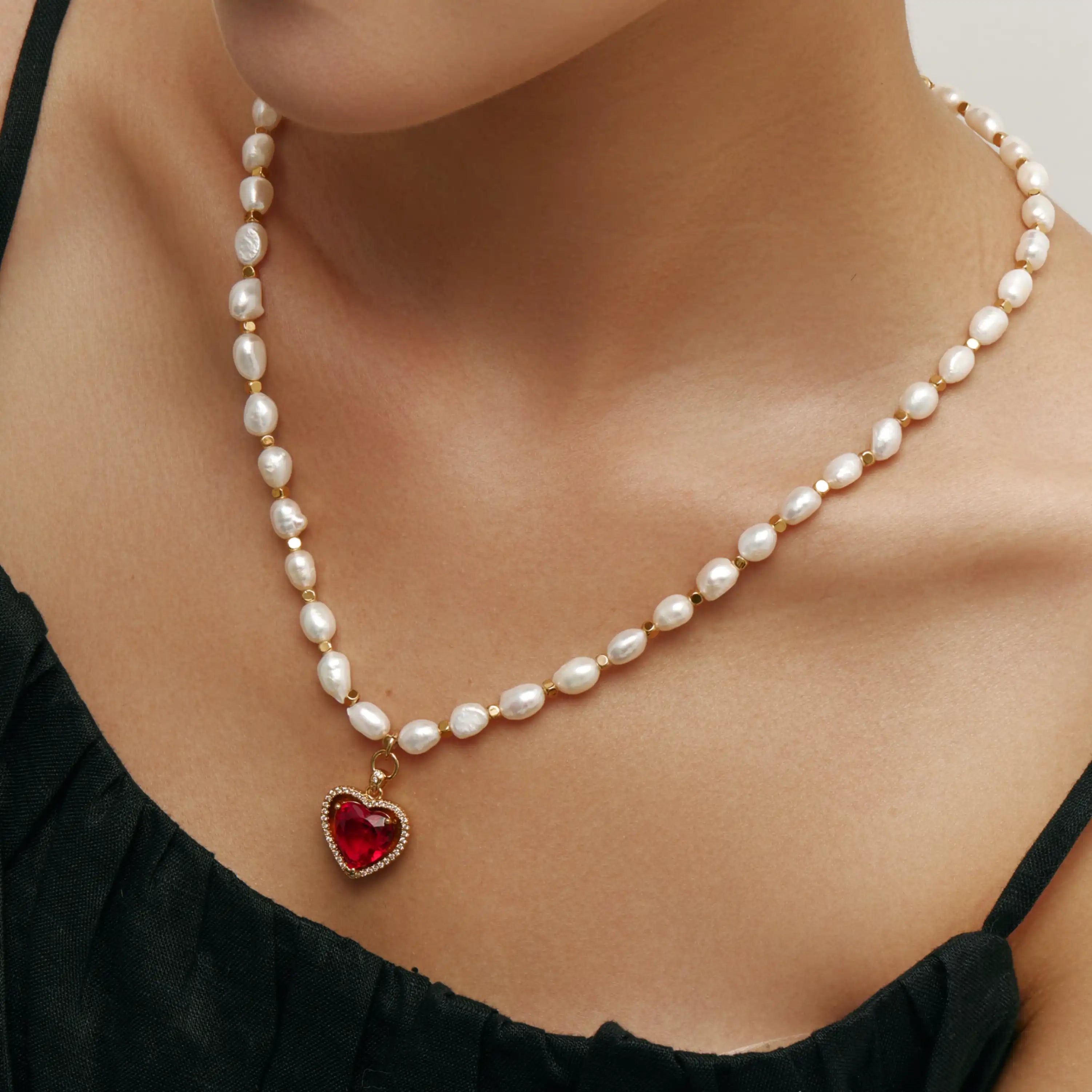 Amora Necklace Freshwater Pearl Necklace with Red Heart Pendant