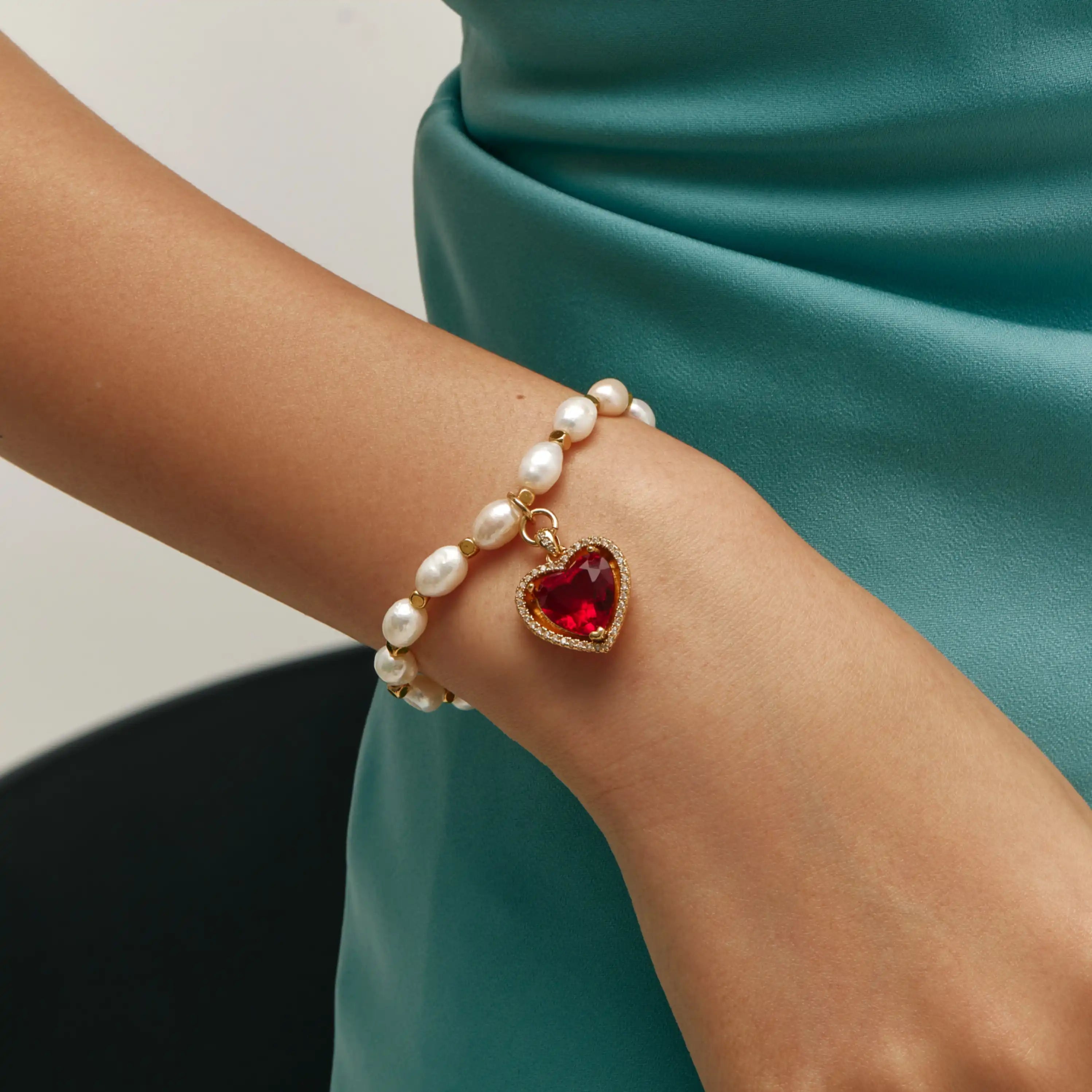 Amora Bracelet Freshwater Pearl Bracelet with Red Heart Charm