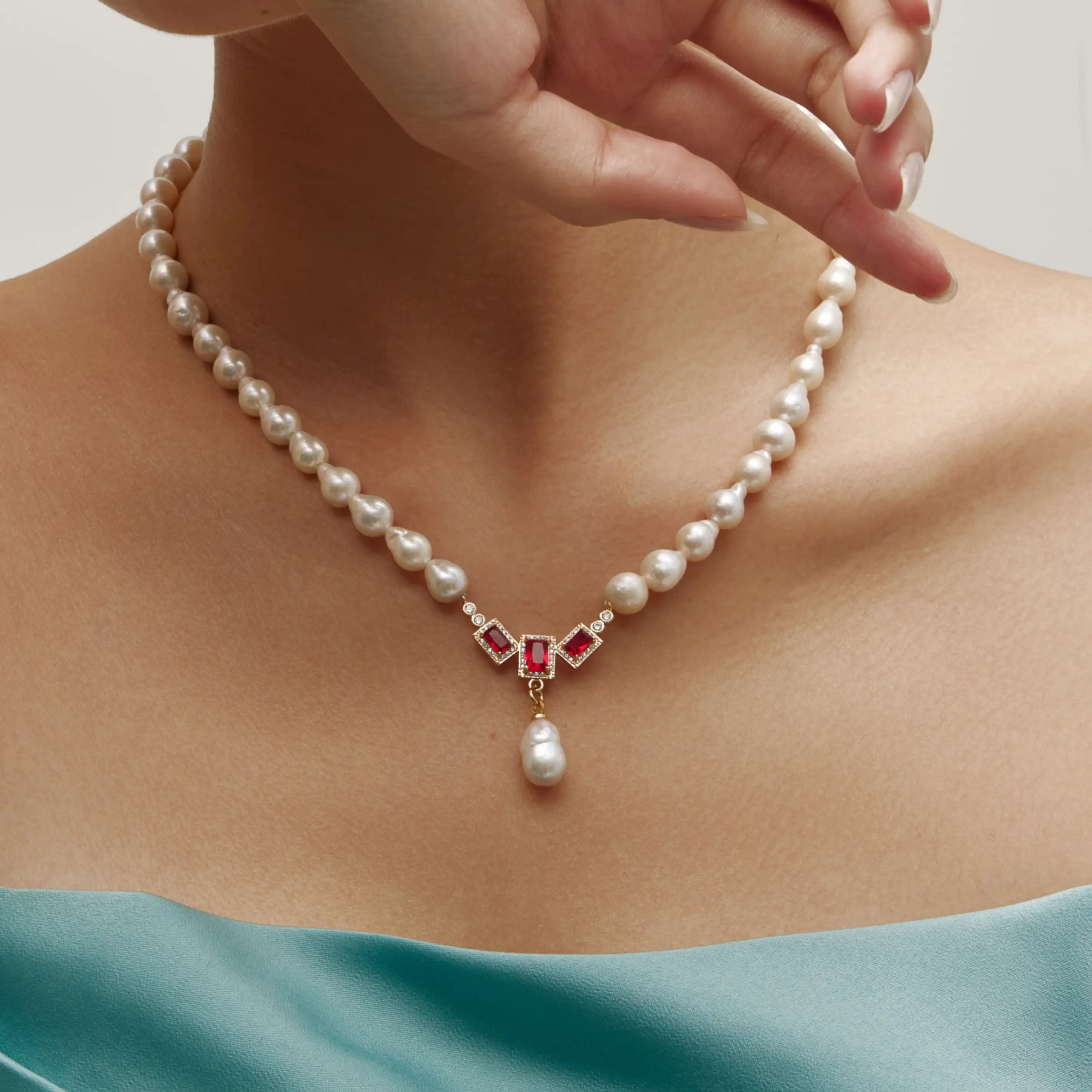 Regalia Necklace Freshwater Pearl Necklace with Red Gem & Baroque Pearl