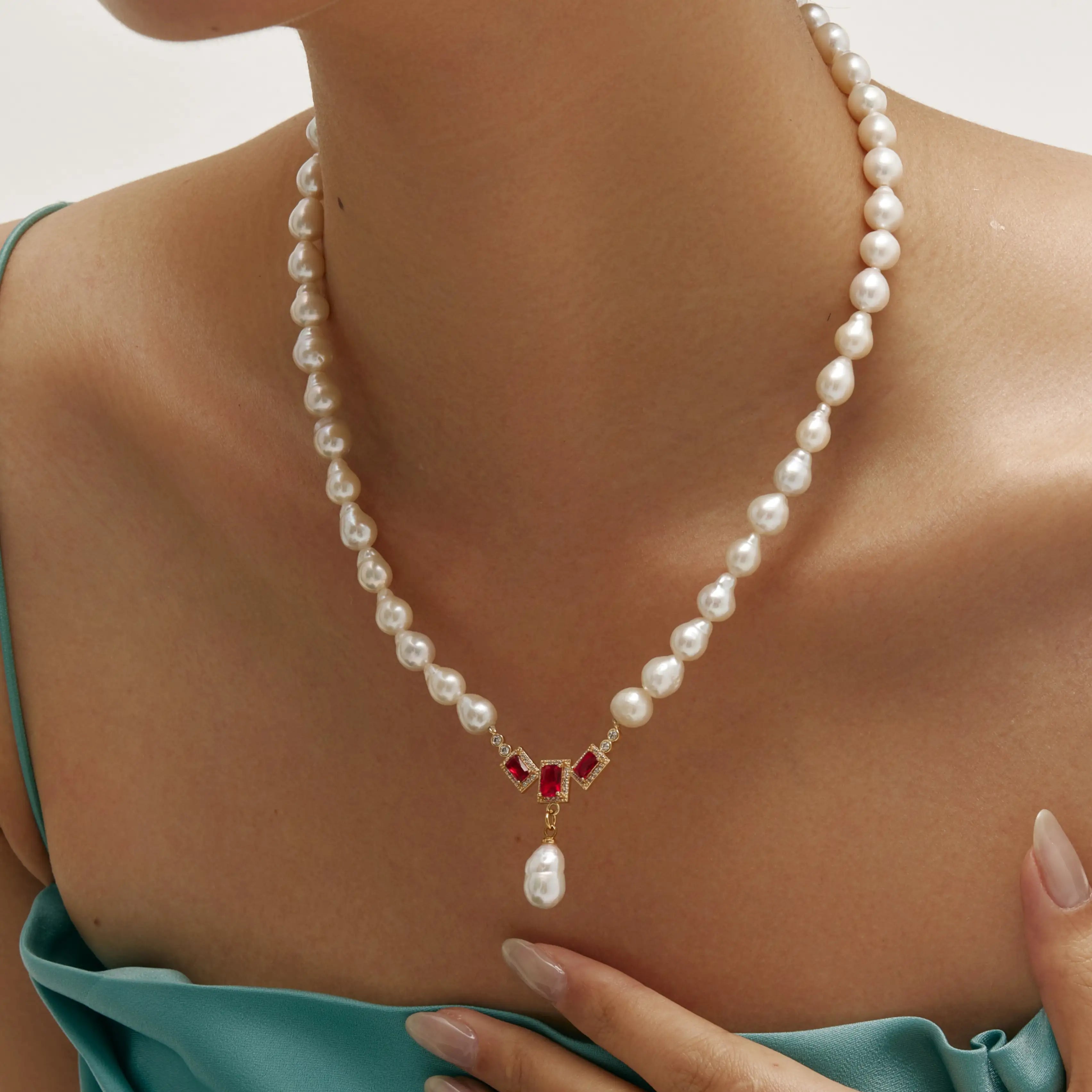 Regalia Necklace Freshwater Pearl Necklace with Red Gem & Baroque Pearl