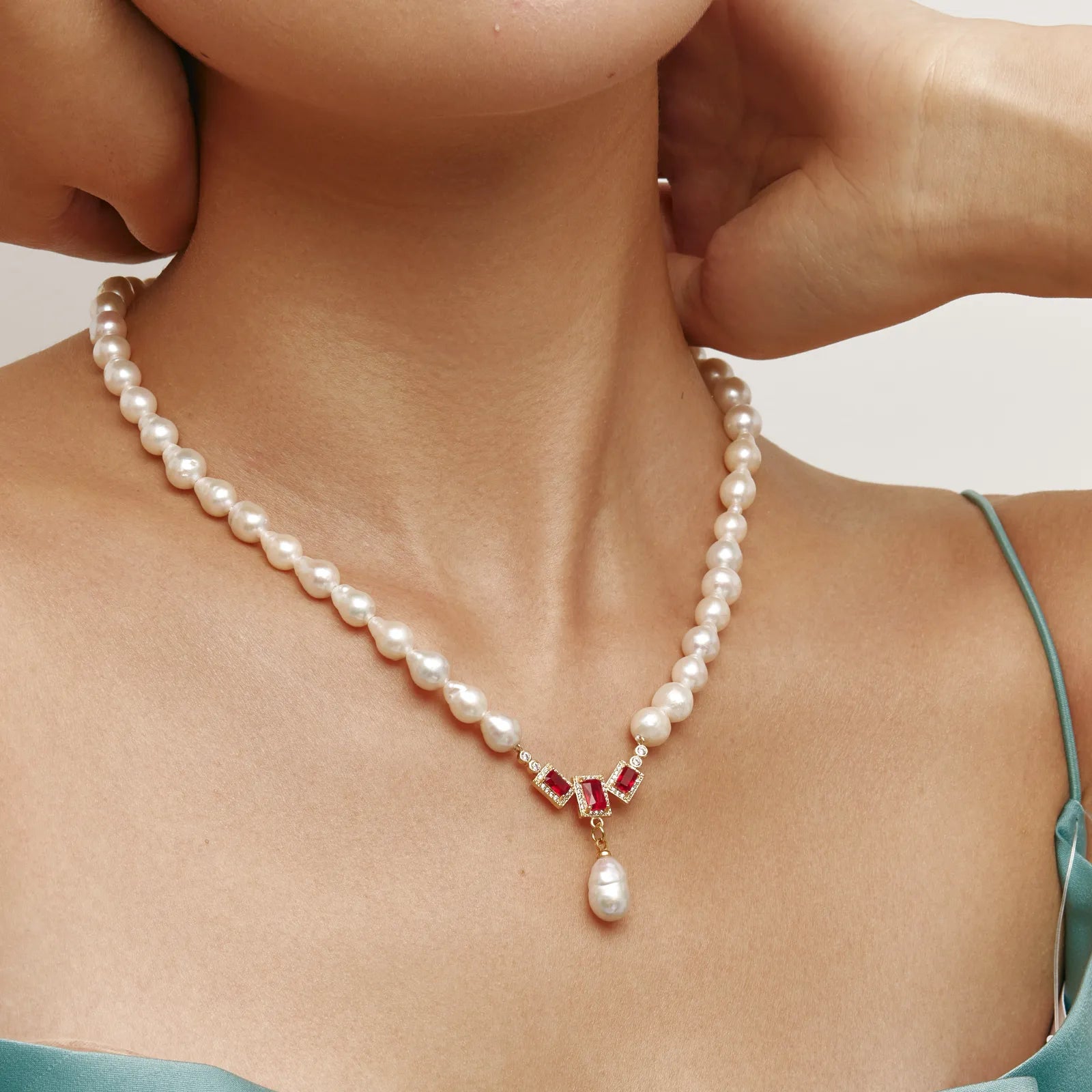 Regalia Necklace Freshwater Pearl Necklace with Red Gem & Baroque Pearl