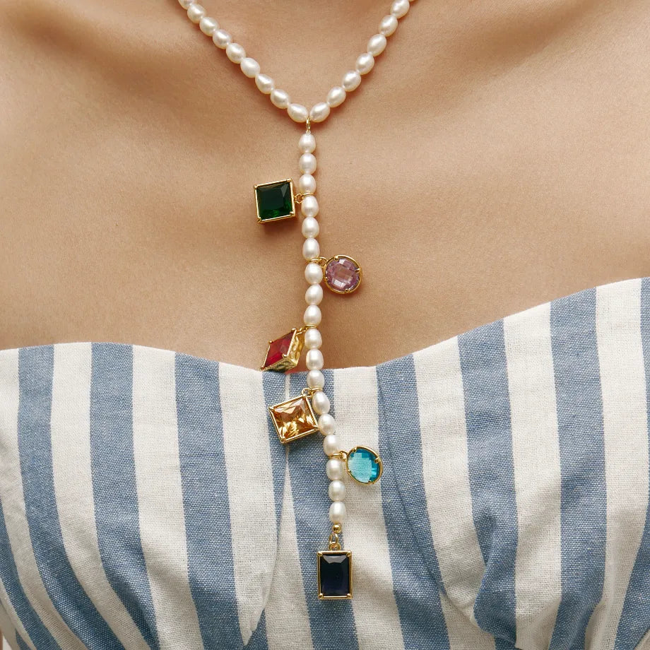 Solara Necklace Long Freshwater Pearl Necklace with Amber Accents