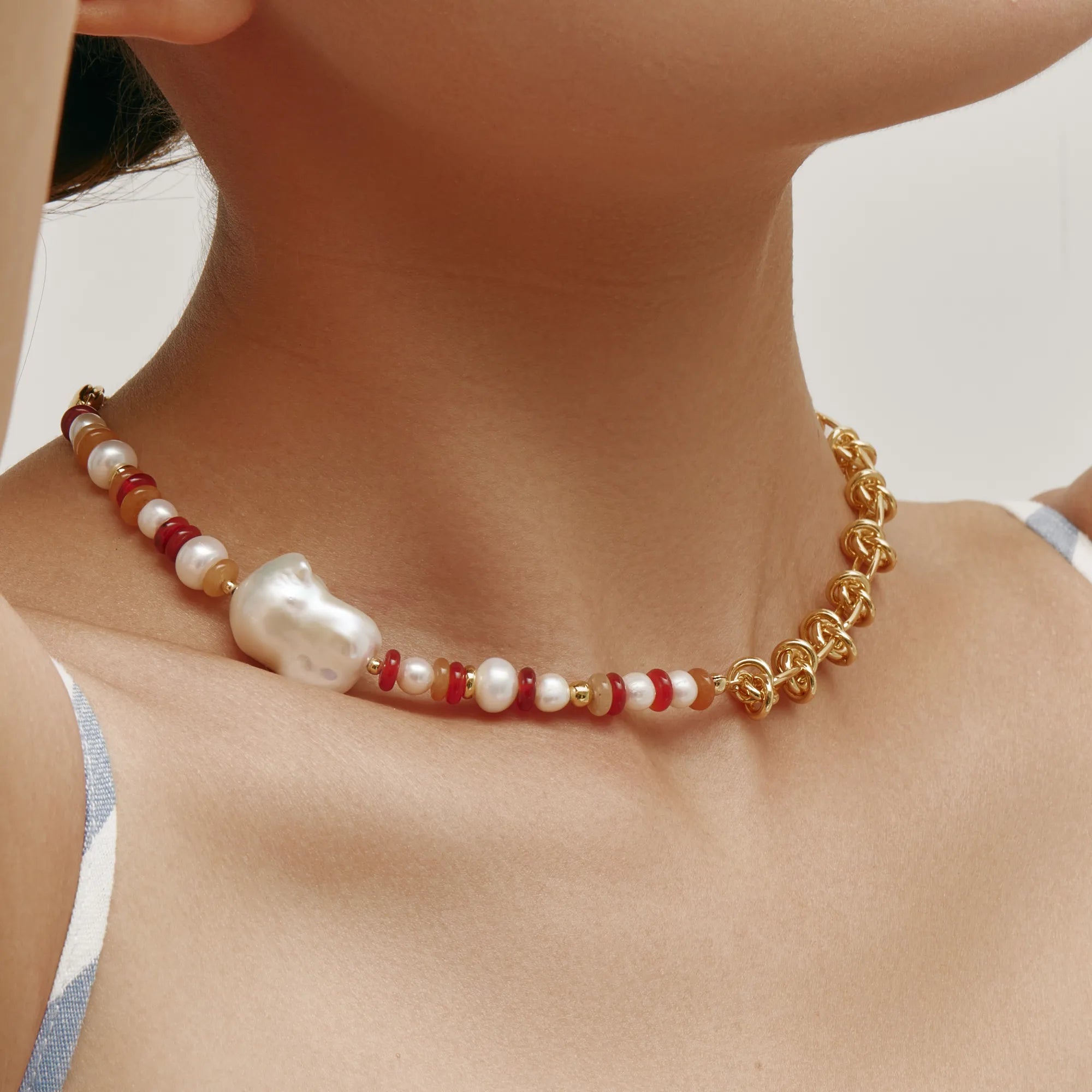 Aurora Necklace Baroque Pearl & Red Beaded Chain Necklace