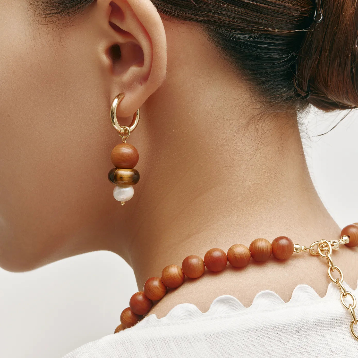 Sylva Earrings Wood, Shell, and Freshwater Pearl Hoop Earrings