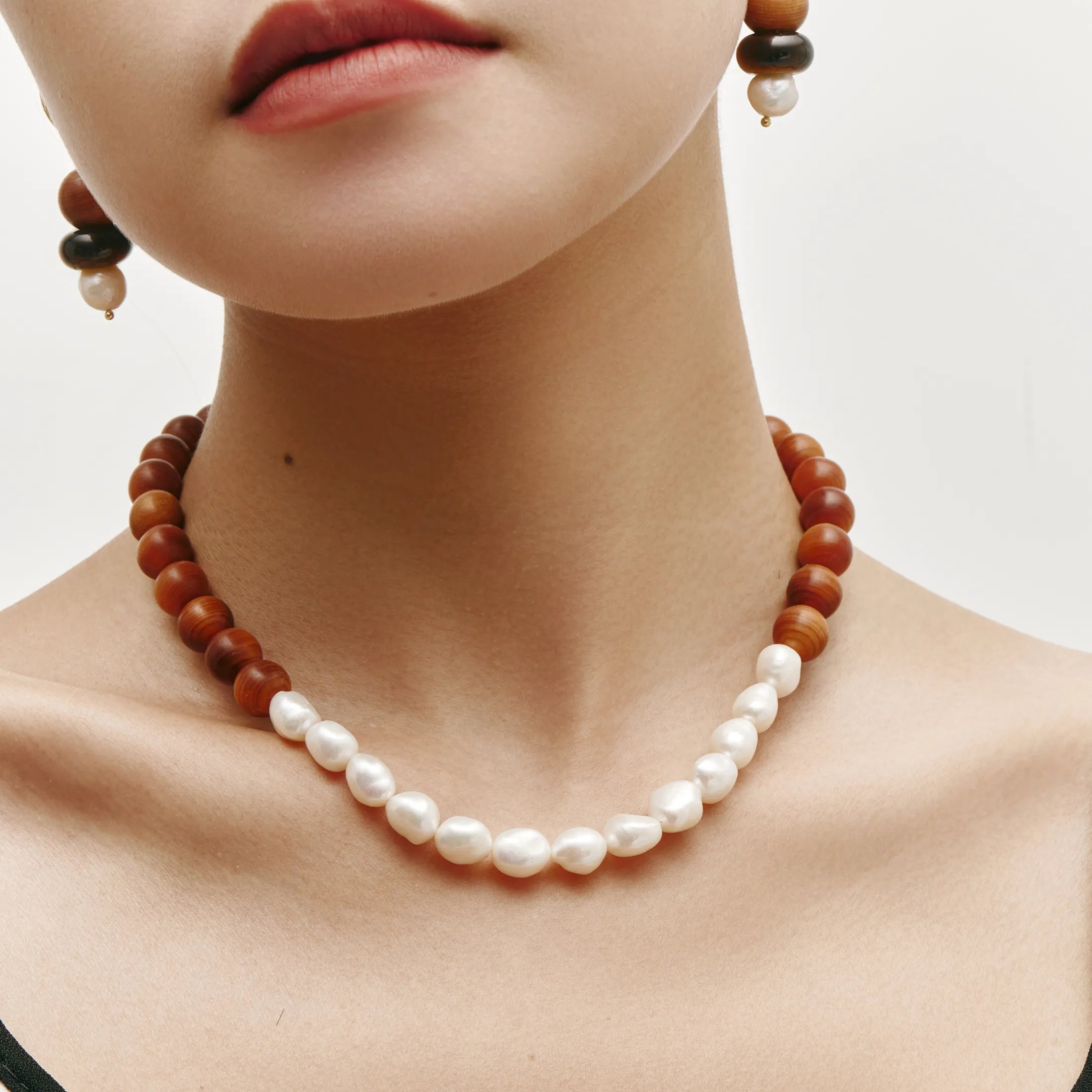 Sylva Necklace Wood and Freshwater Pearl Beaded Necklace