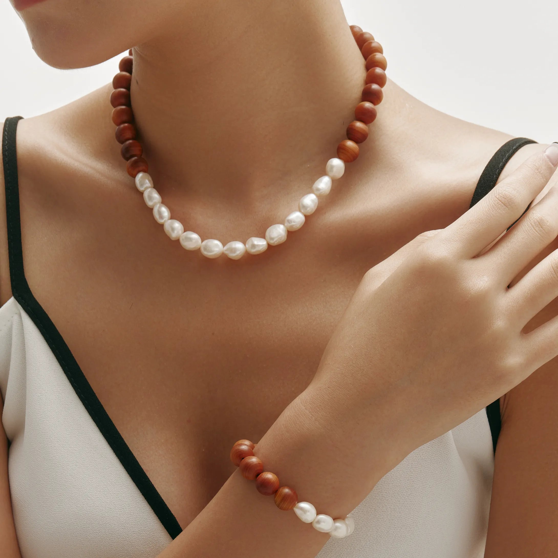 Sylva Bracelet Wood and Freshwater Pearl Beaded Bracelet