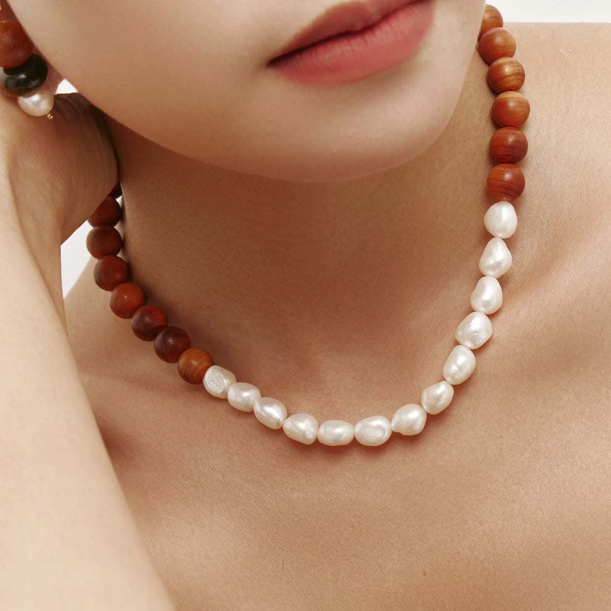 Sylva Necklace Wood and Freshwater Pearl Beaded Necklace