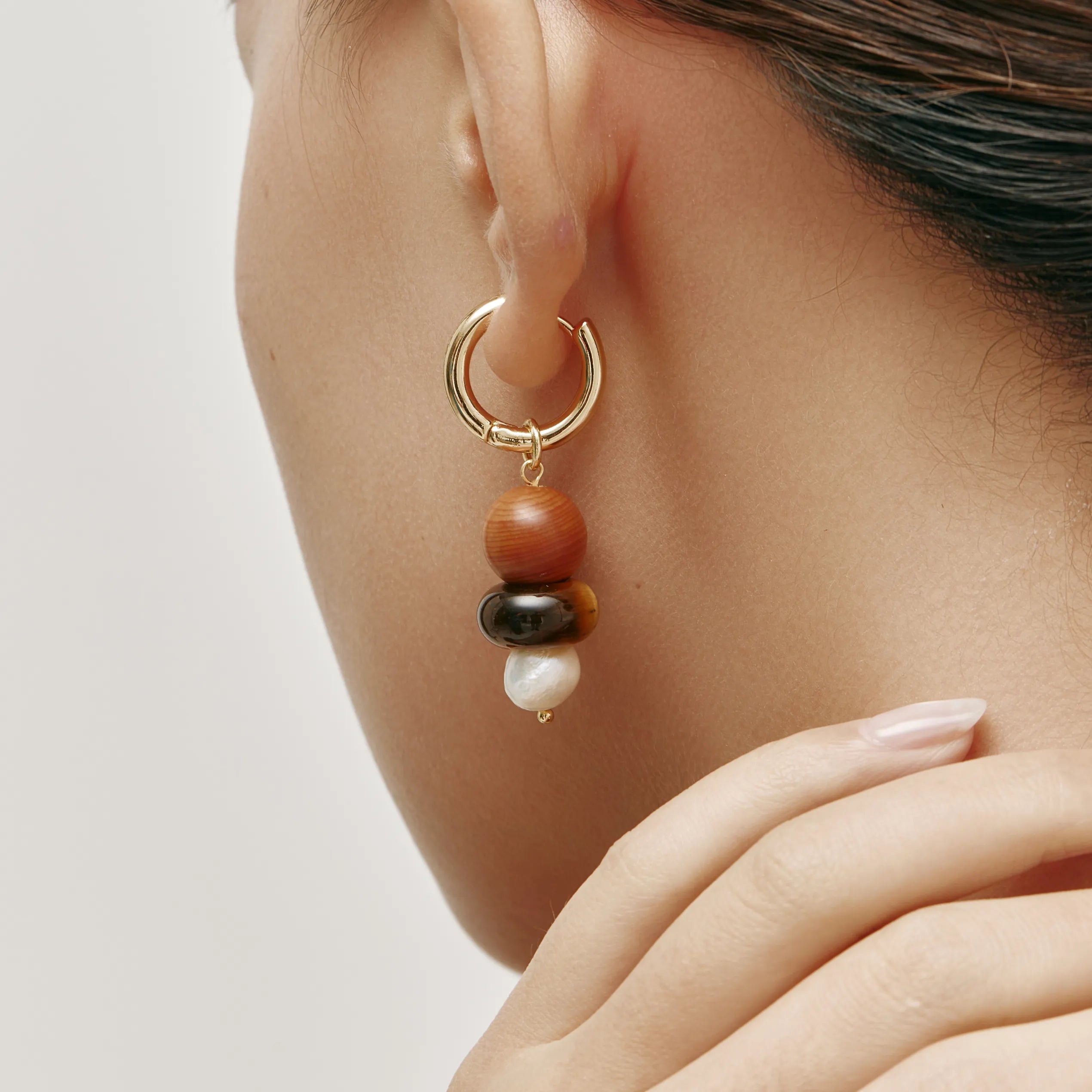 Sylva Earrings Wood, Shell, and Freshwater Pearl Hoop Earrings