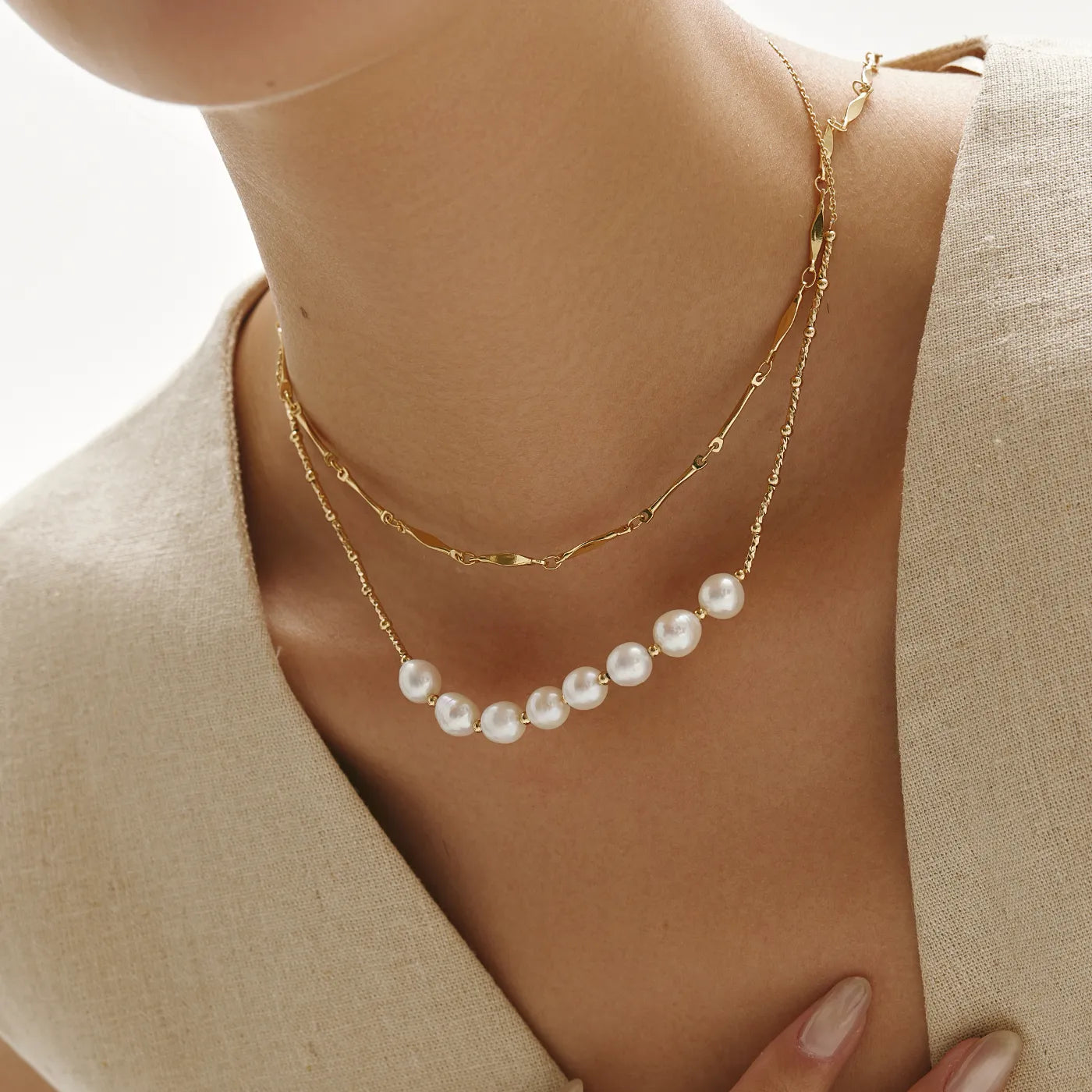 Elara Necklace Freshwater Pearl Bar Necklace on Gold Chain