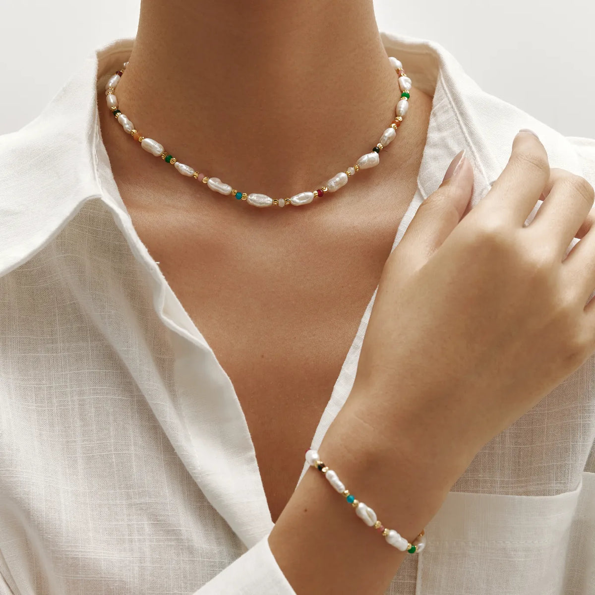 Celeste Set Freshwater Pearl & Multicolor Beaded Necklace Duo