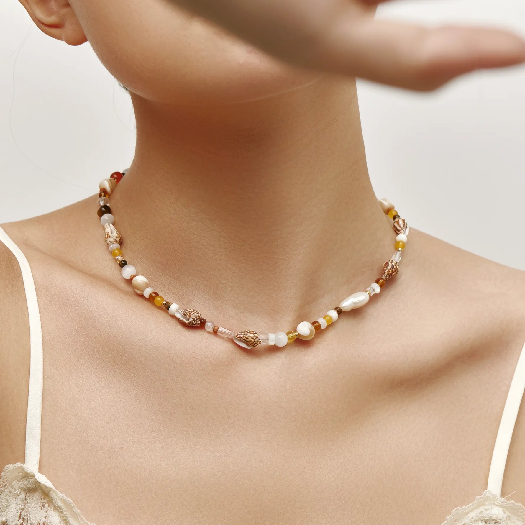 Oceana Necklace Beaded Shell and Pearl Statement Necklace