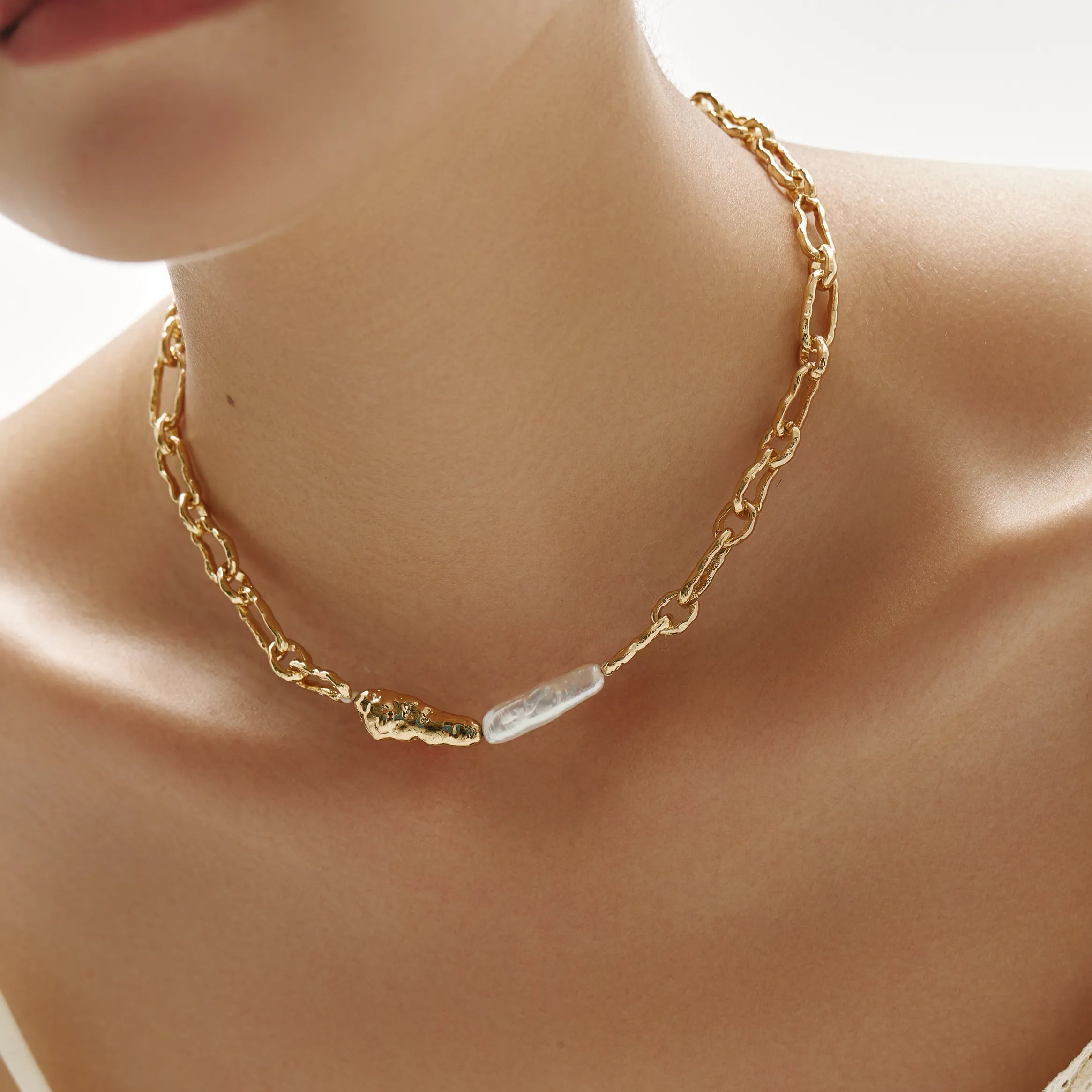 Liora Necklace Gold Chain with Freshwater Pearl & Sculpted Metal Accents