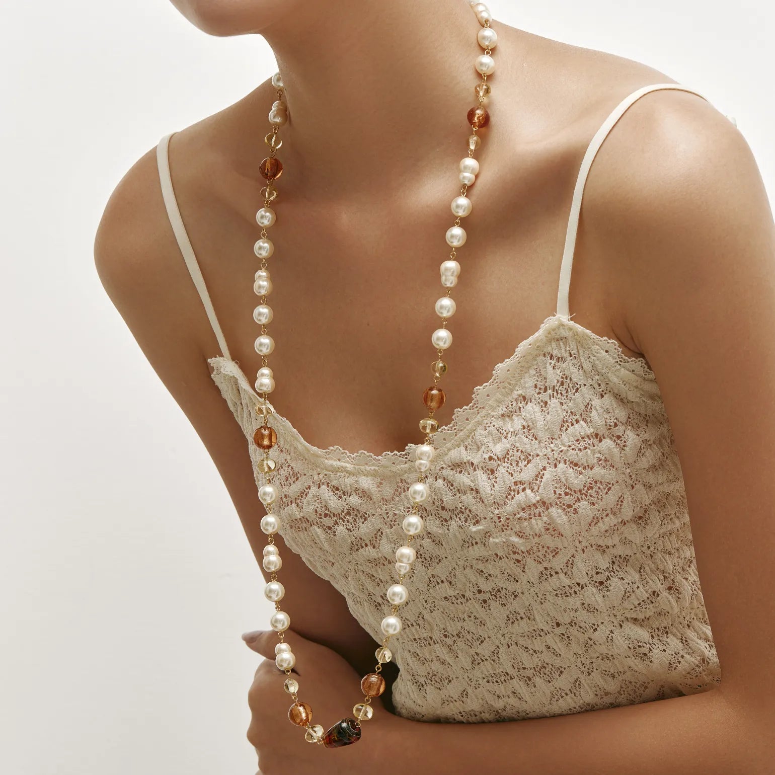 Aurelia Long Necklace Freshwater Pearls & Amber-Tone Crystal Beads