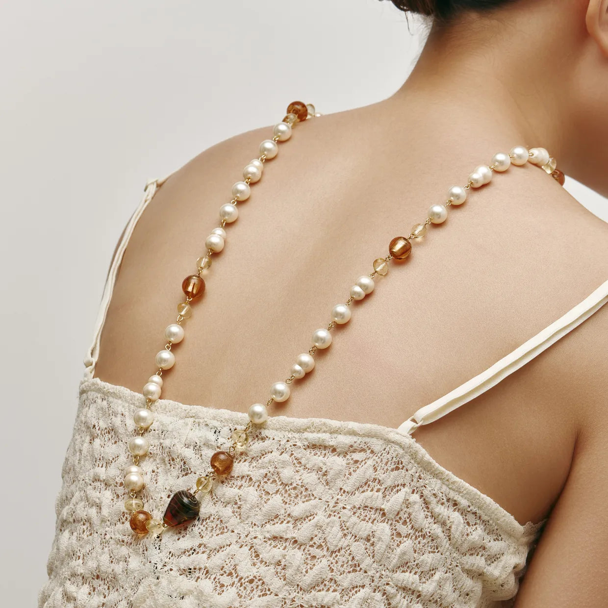 Aurelia Long Necklace Freshwater Pearls & Amber-Tone Crystal Beads