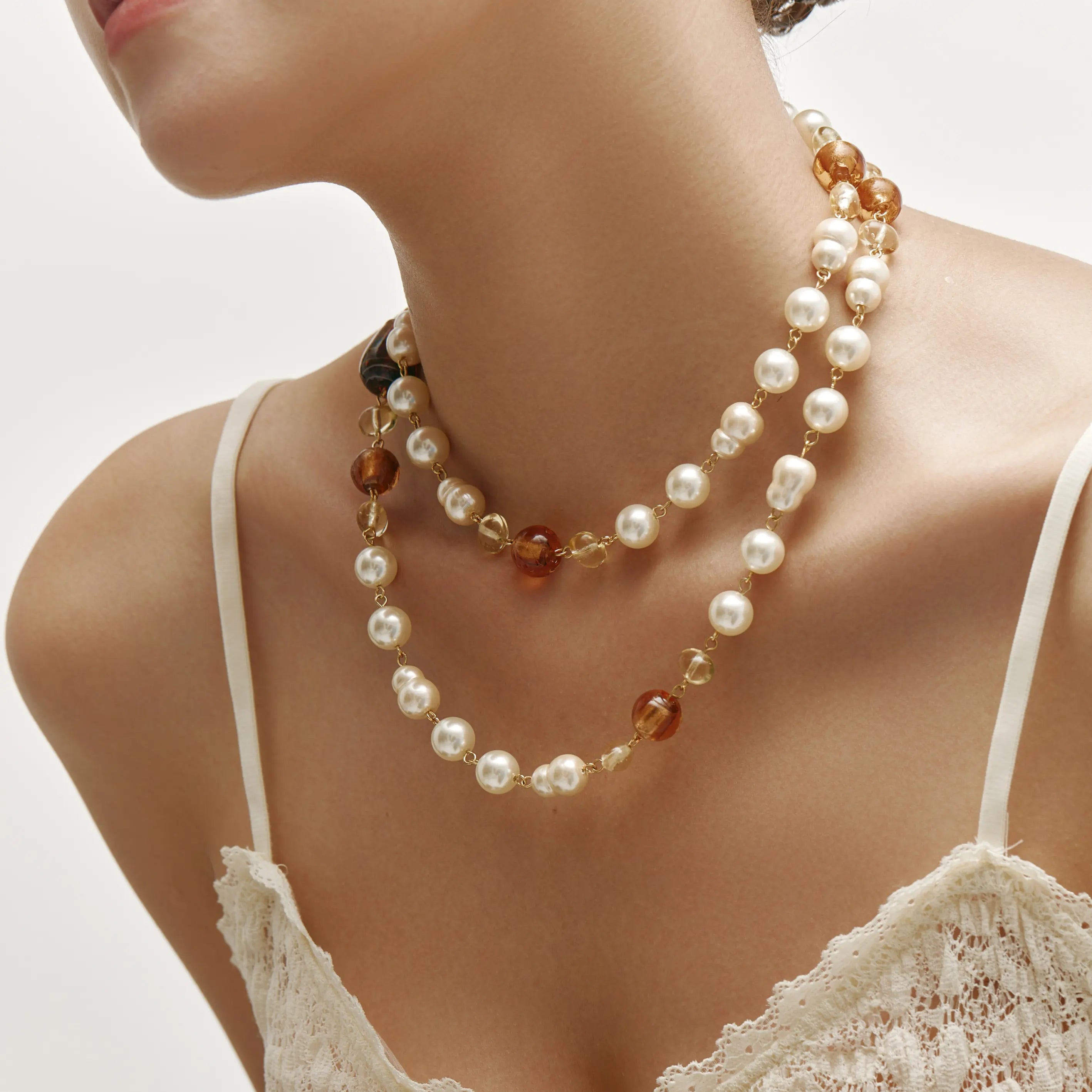 Aurelia Long Necklace Freshwater Pearls & Amber-Tone Crystal Beads