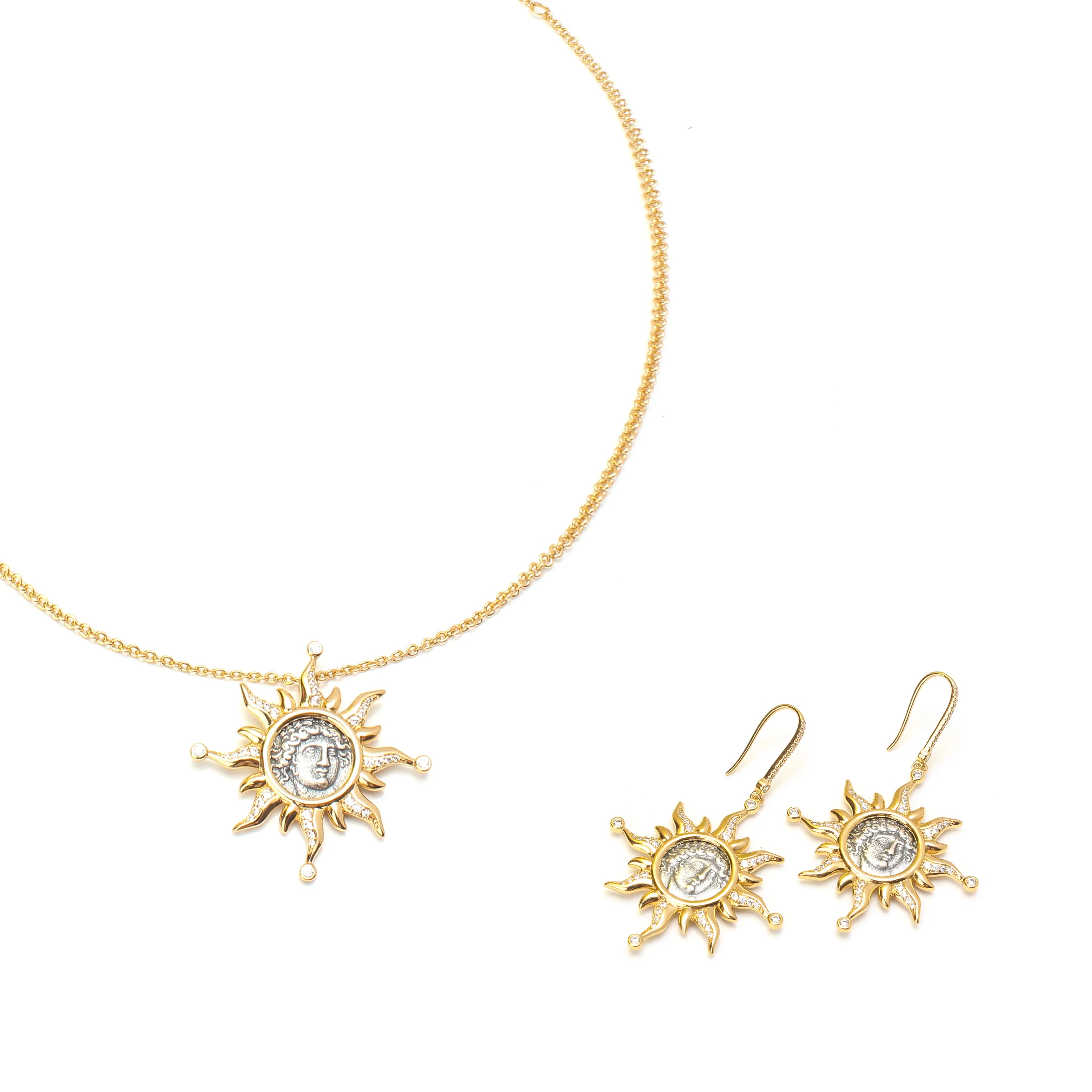Solis Set Sunburst Medallion Necklace and Earrings Set