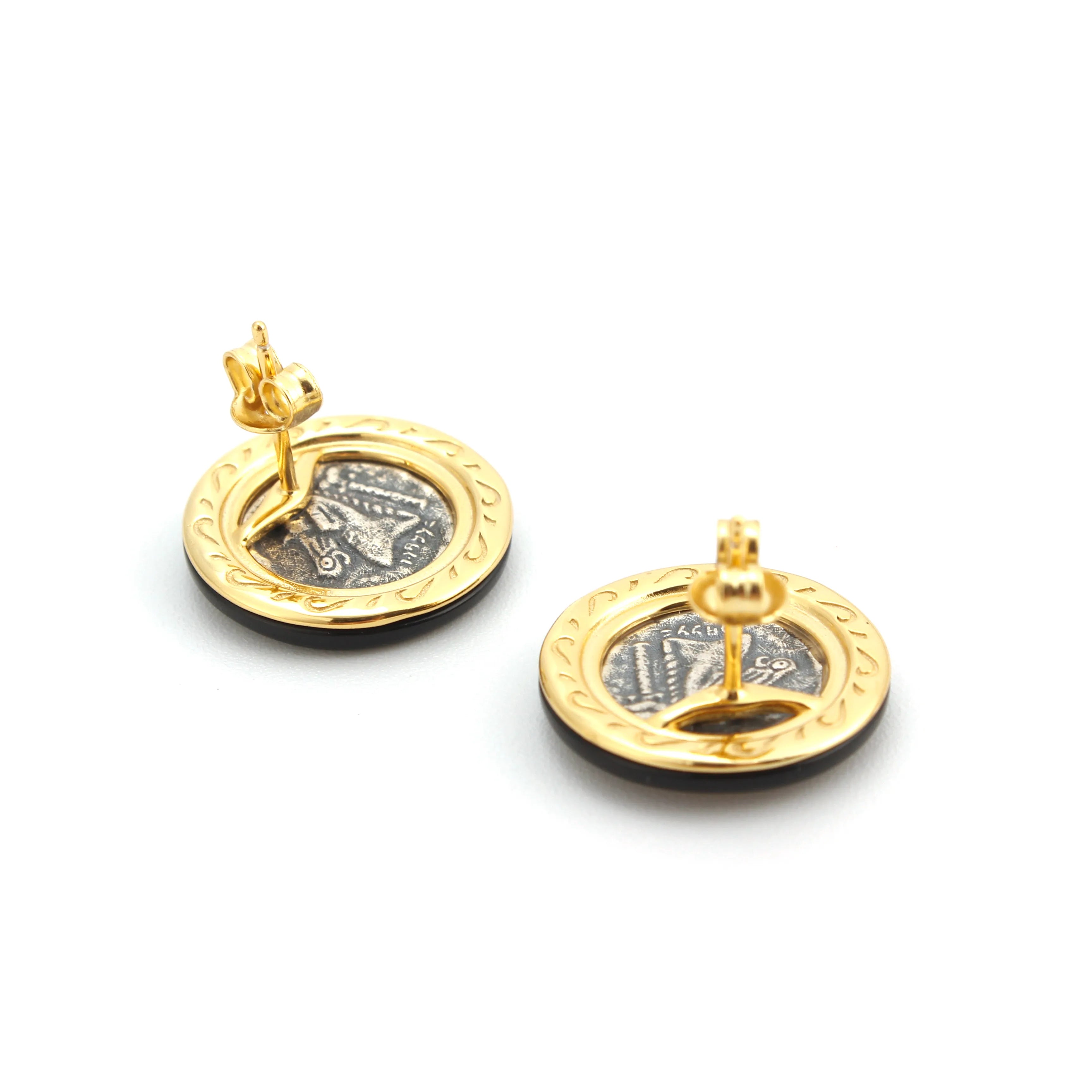 Astra Earrings Vintage Coin Studs with Black Enamel Frame