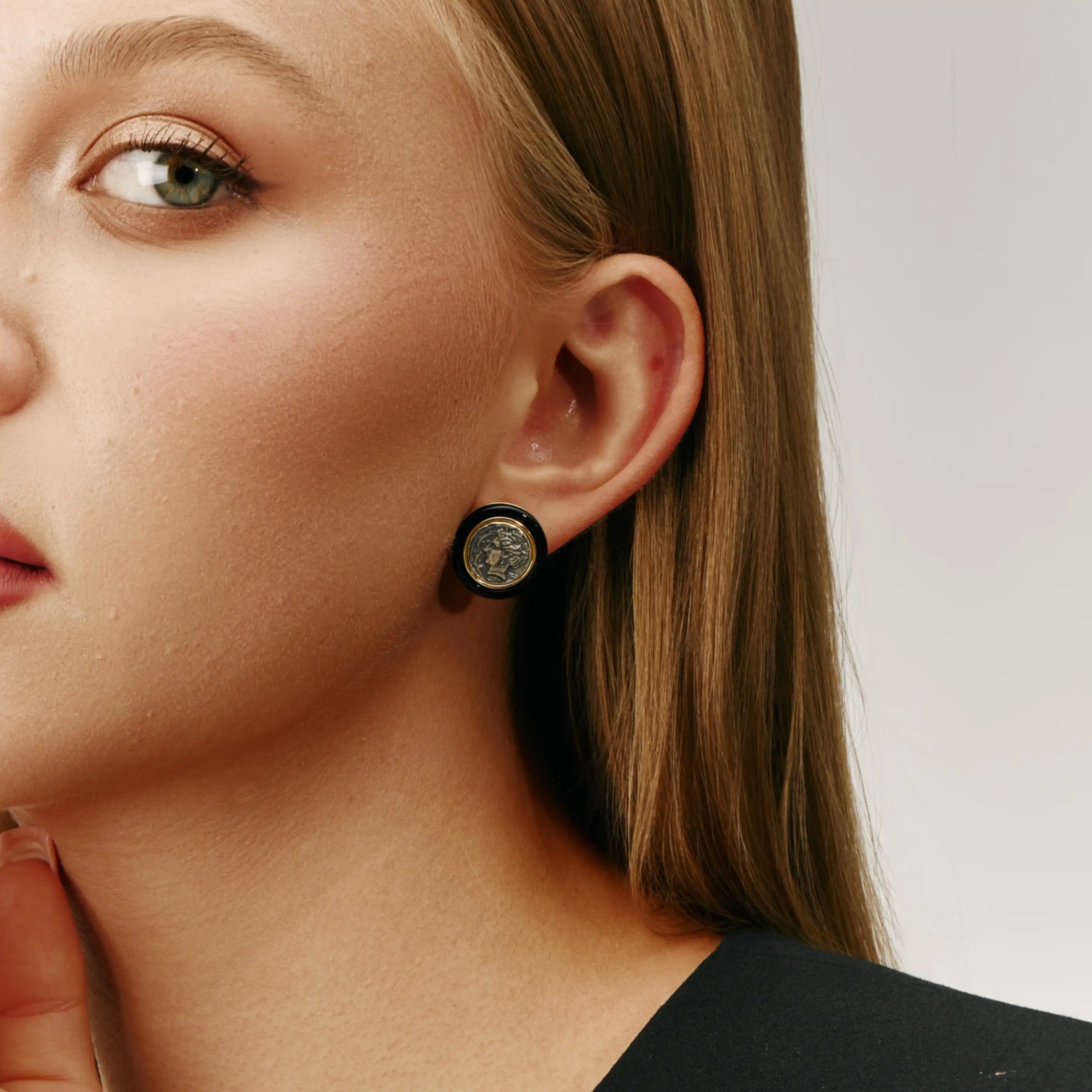 Astra Earrings Vintage Coin Studs with Black Enamel Frame