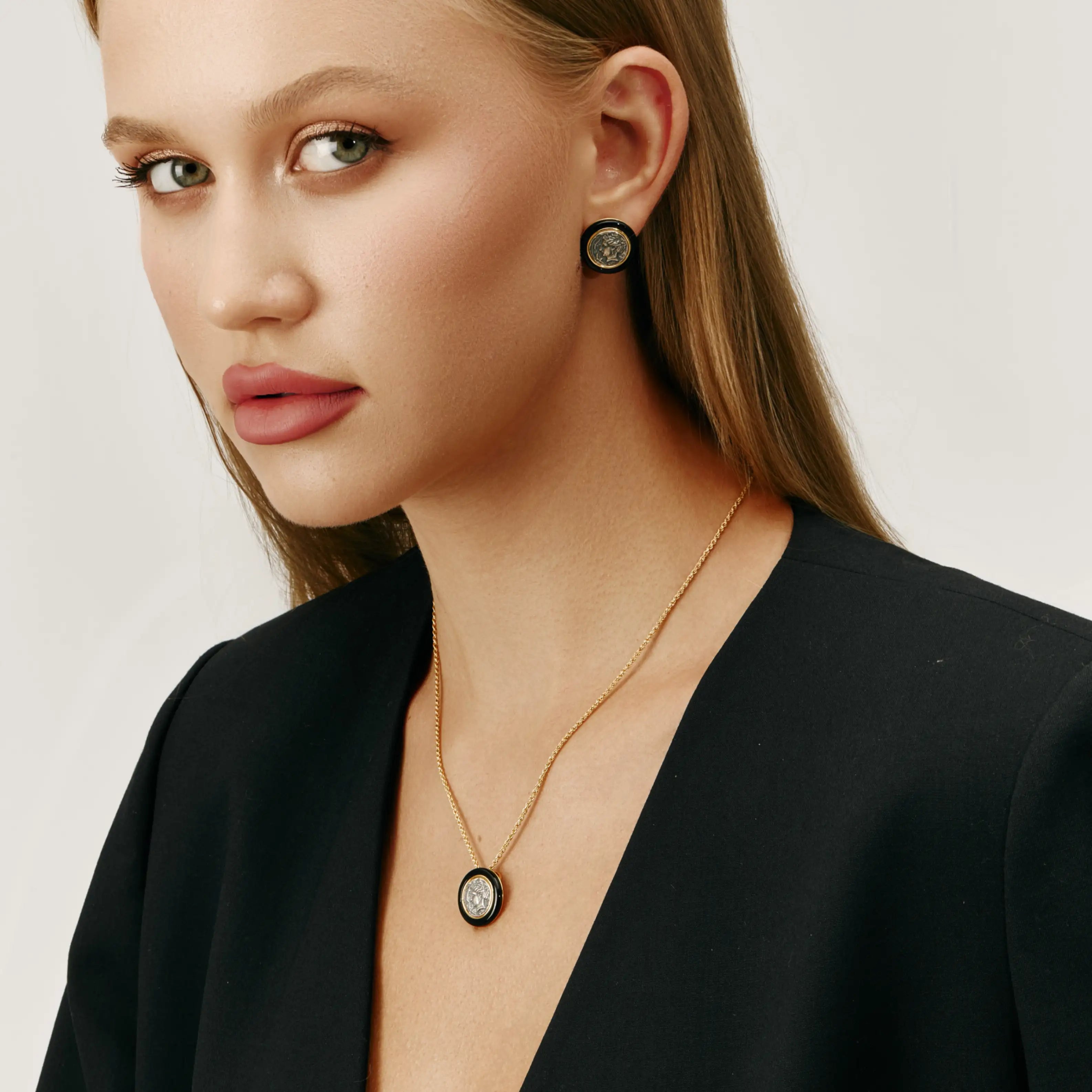 Astra Earrings Vintage Coin Studs with Black Enamel Frame