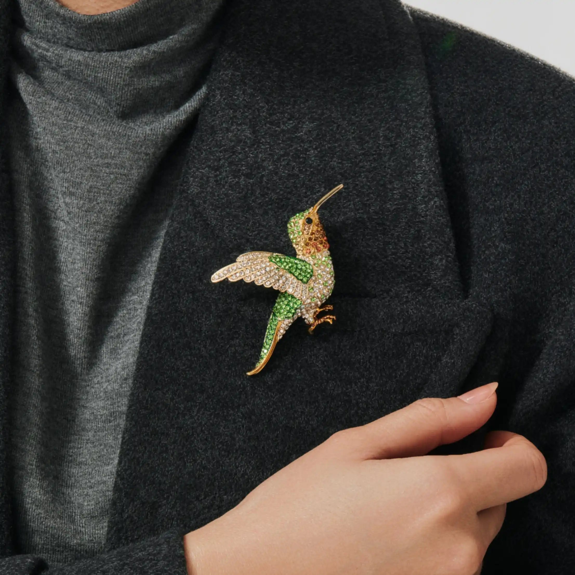 Aure Hummingbird Brooch Green Jewel Wings & Golden Flight