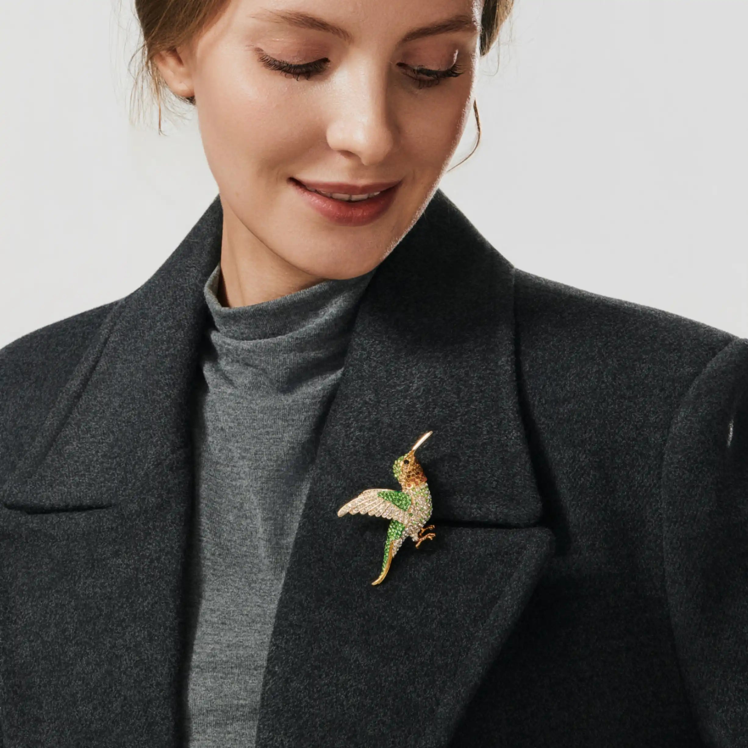 Aure Hummingbird Brooch Green Jewel Wings & Golden Flight