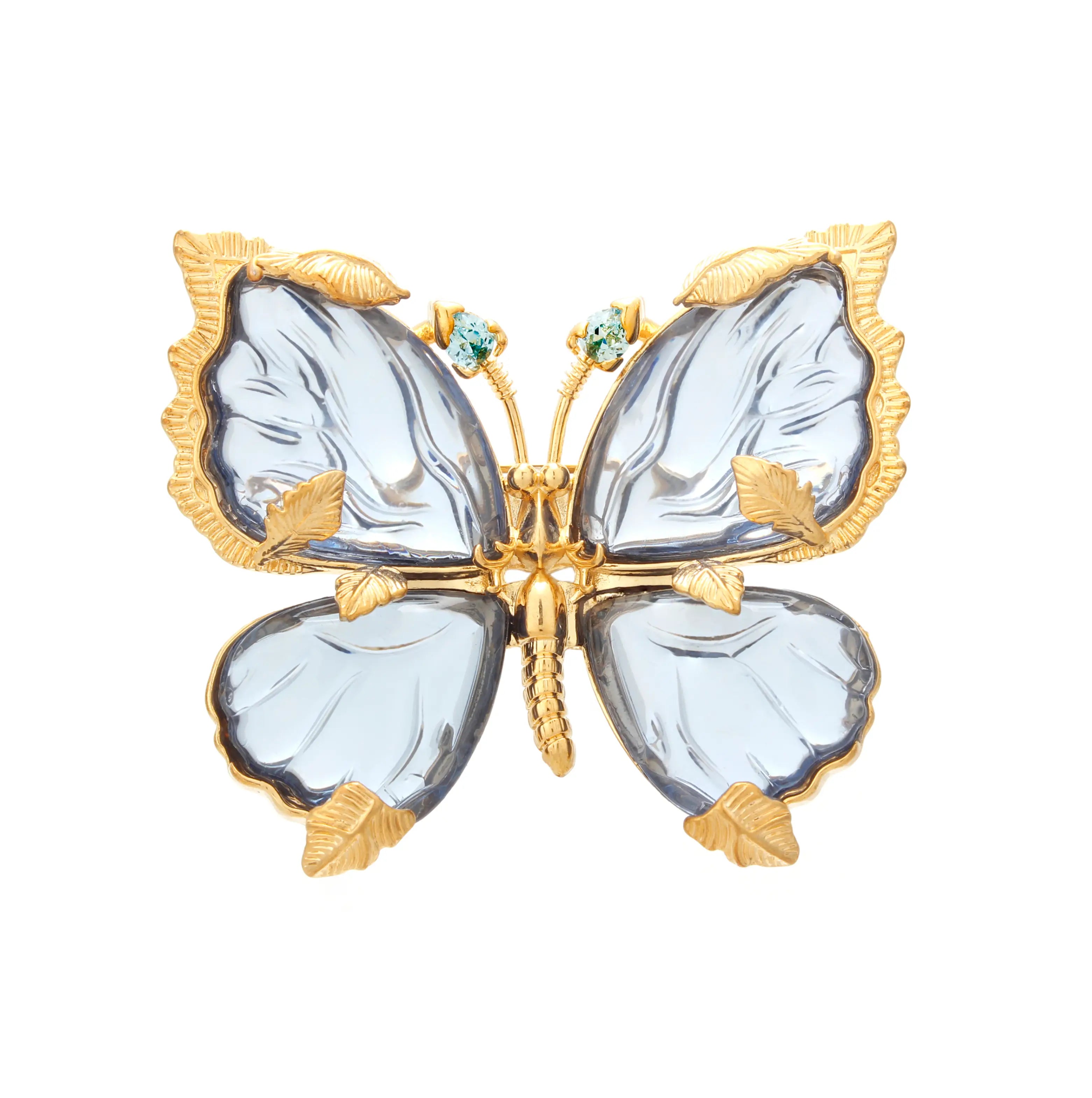 Aurelia Crystal Wing Butterfly Brooch Carved Glass Wings & Gold Detail