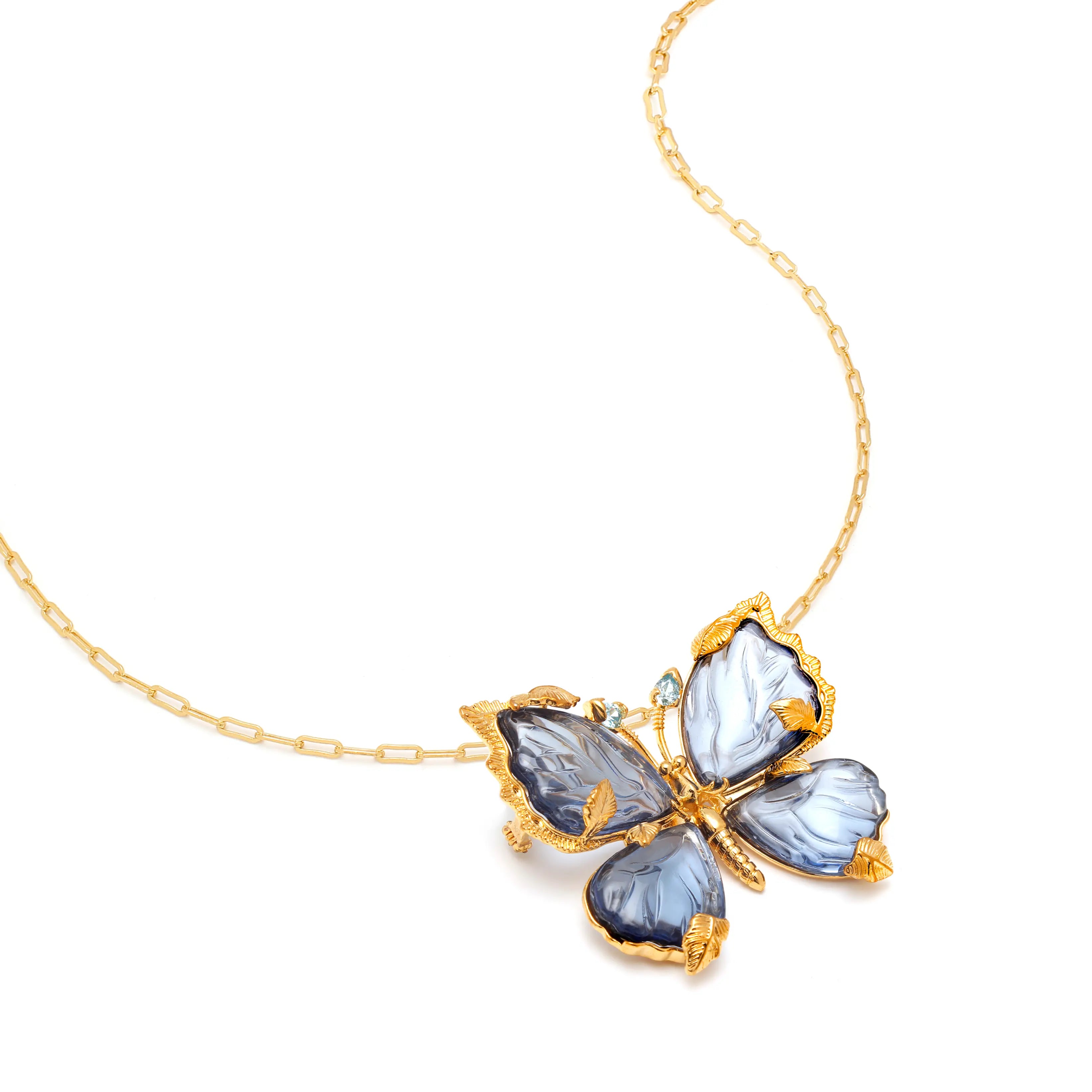 Aurelia Crystal Wing Butterfly Brooch Carved Glass Wings & Gold Detail