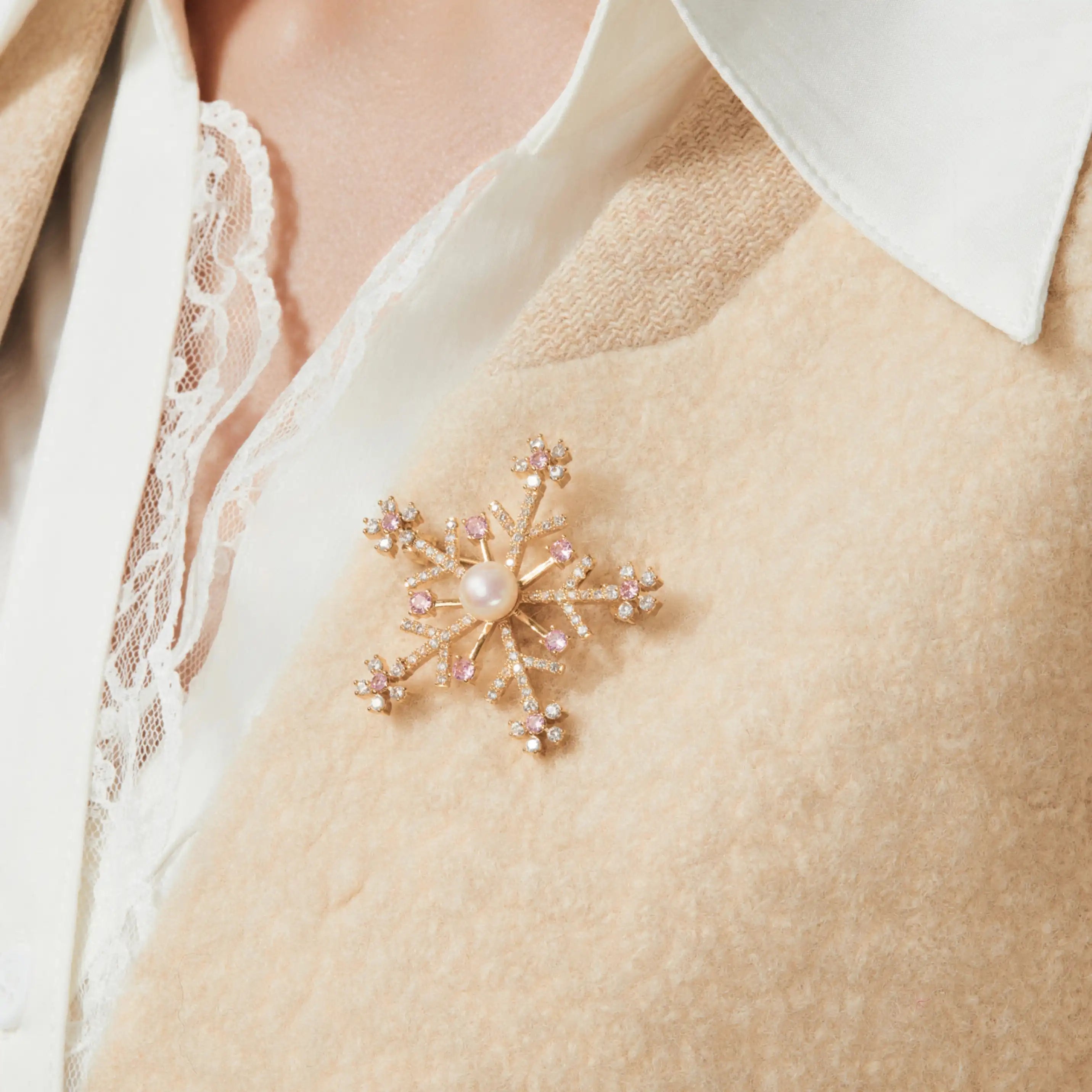 Aurora Frost Pearl Snowflake Brooch Blush Winter Light