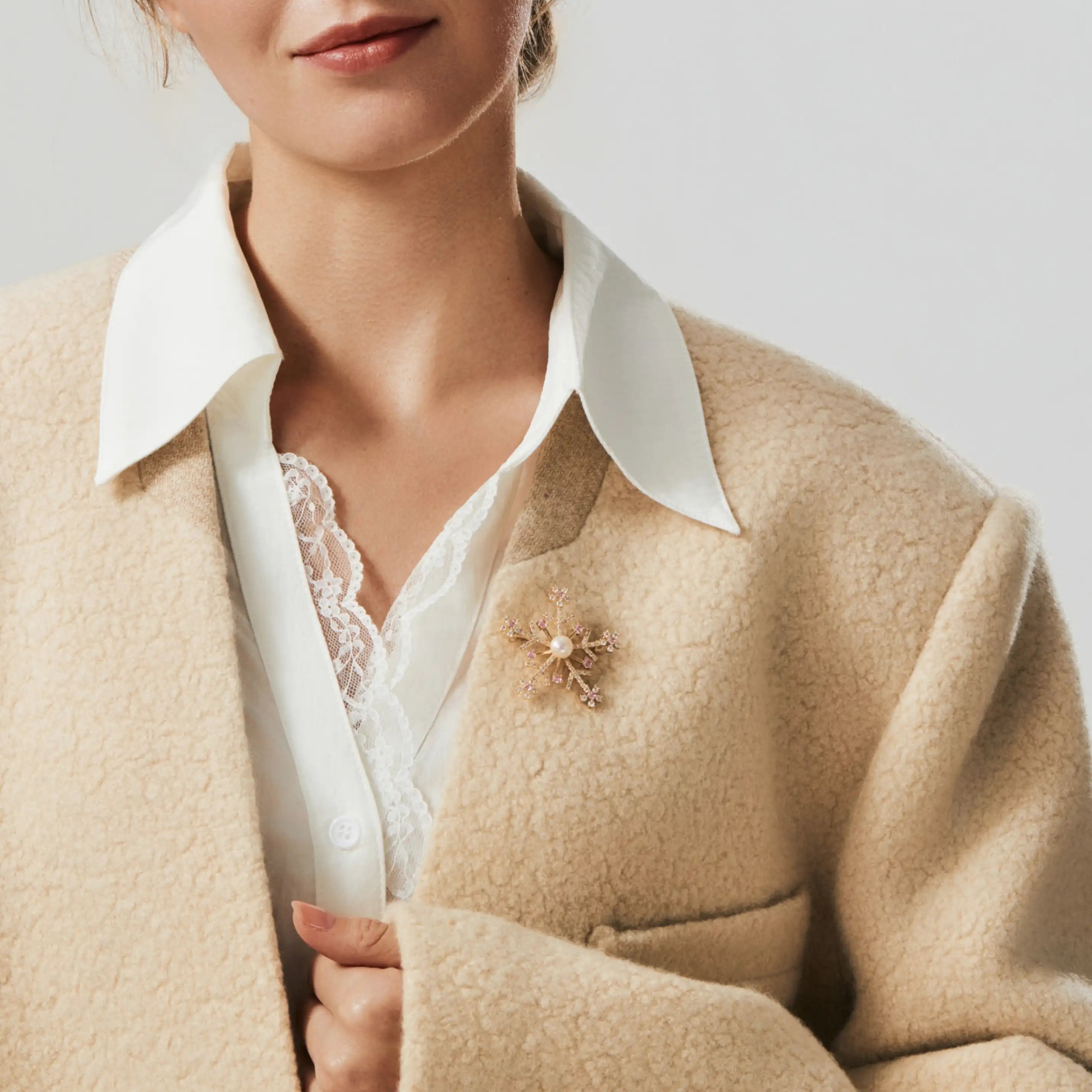 Aurora Frost Pearl Snowflake Brooch Blush Winter Light