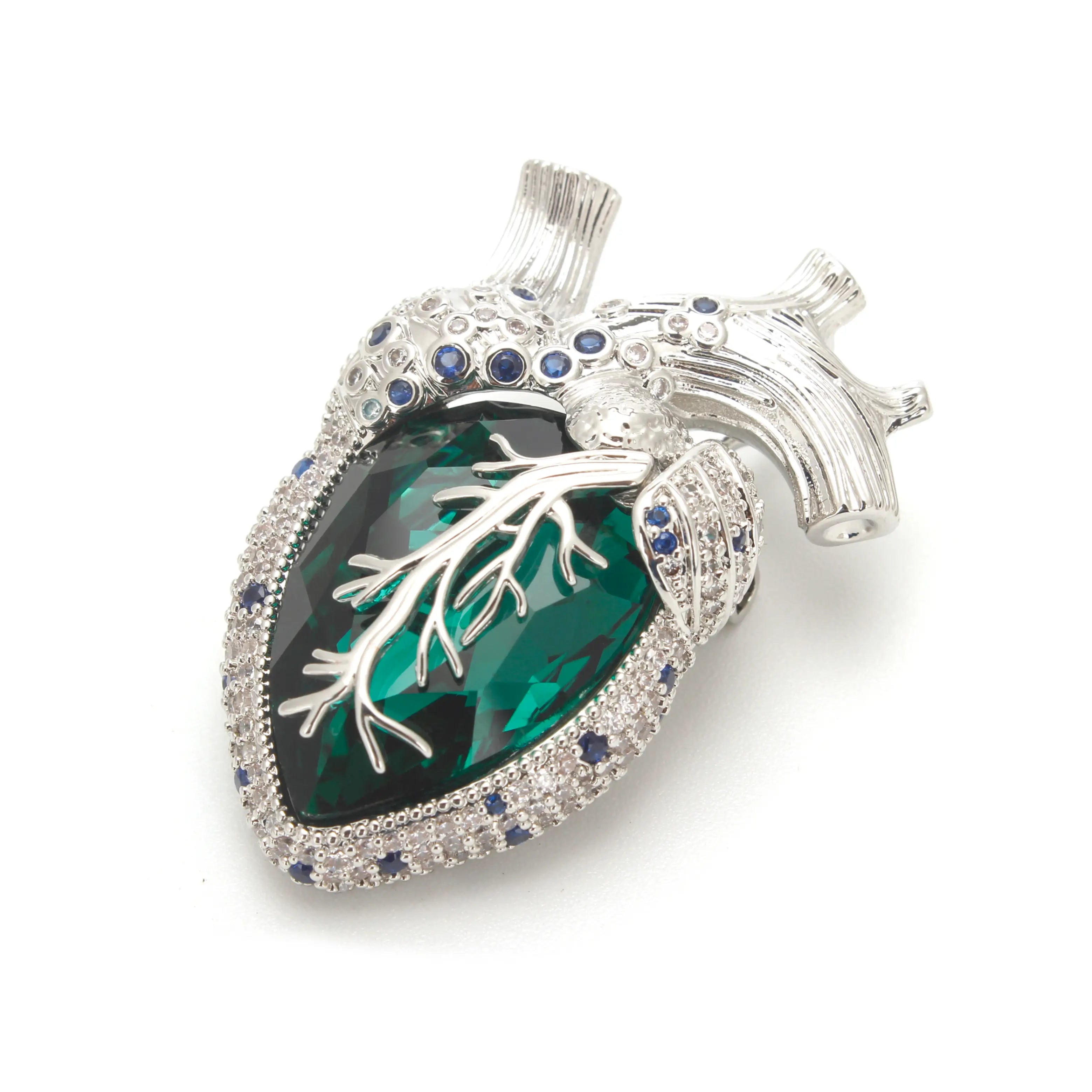 Cor Vitae Brooch Emerald Heart Edition Anatomical Heart Silver & Emerald Crystal Brooch