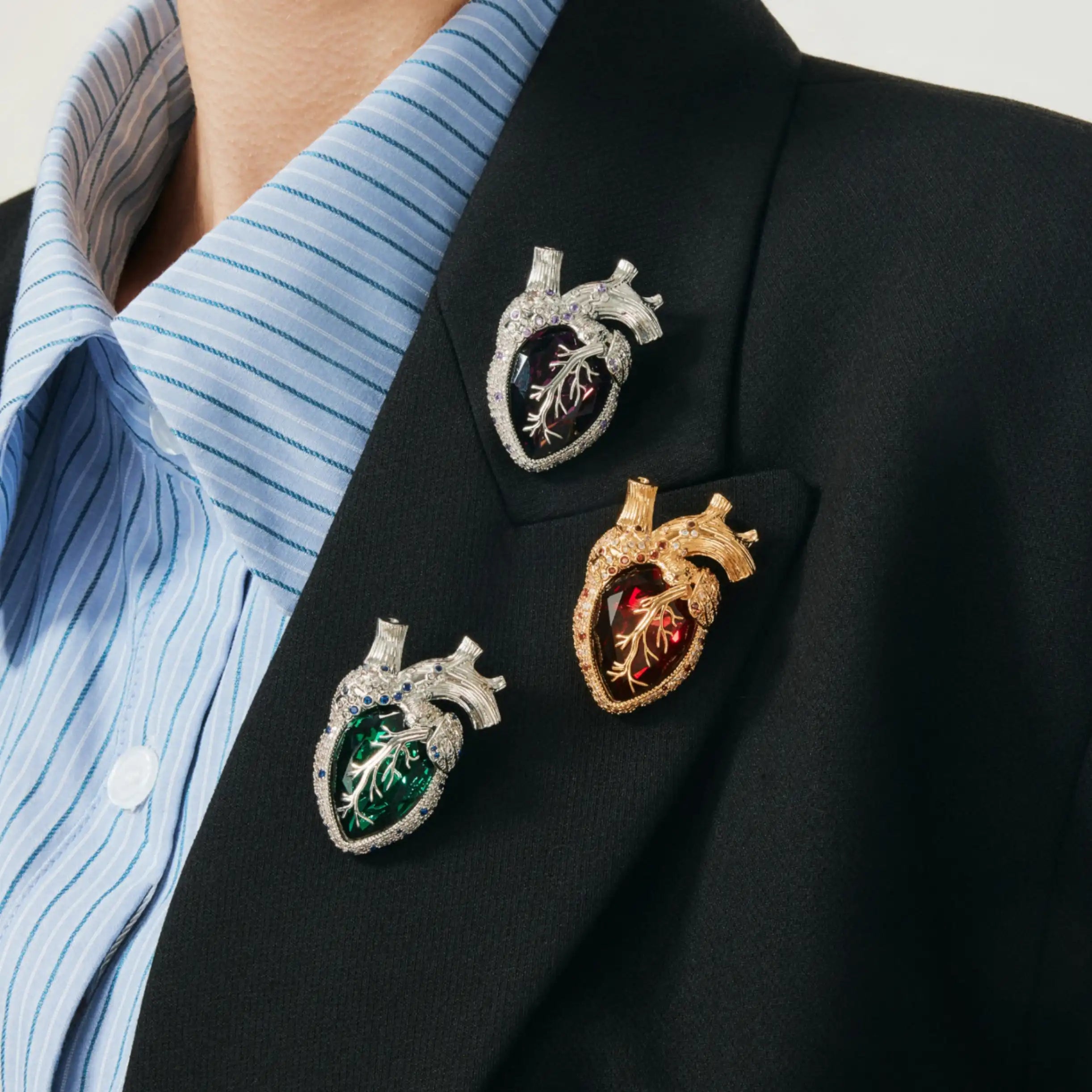 Cor Vitae Brooch Emerald Heart Edition Anatomical Heart Silver & Emerald Crystal Brooch