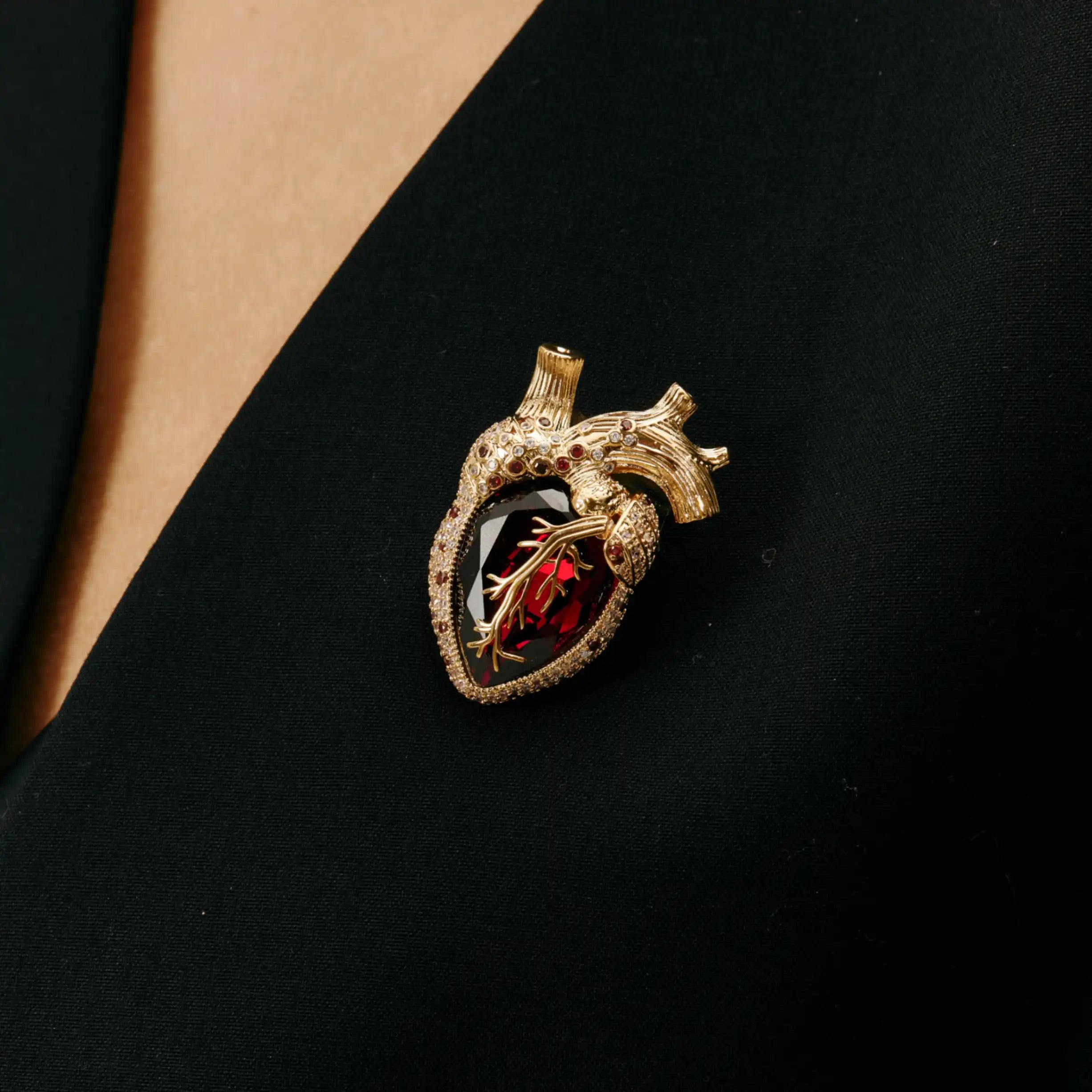 Cor Vitae Brooch Anatomical Heart Red Crystal Gold Brooch