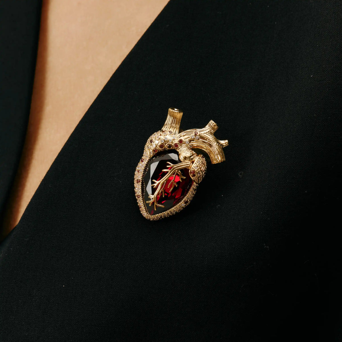 Cor Vitae Brooch Anatomical Heart Red Crystal Gold Brooch