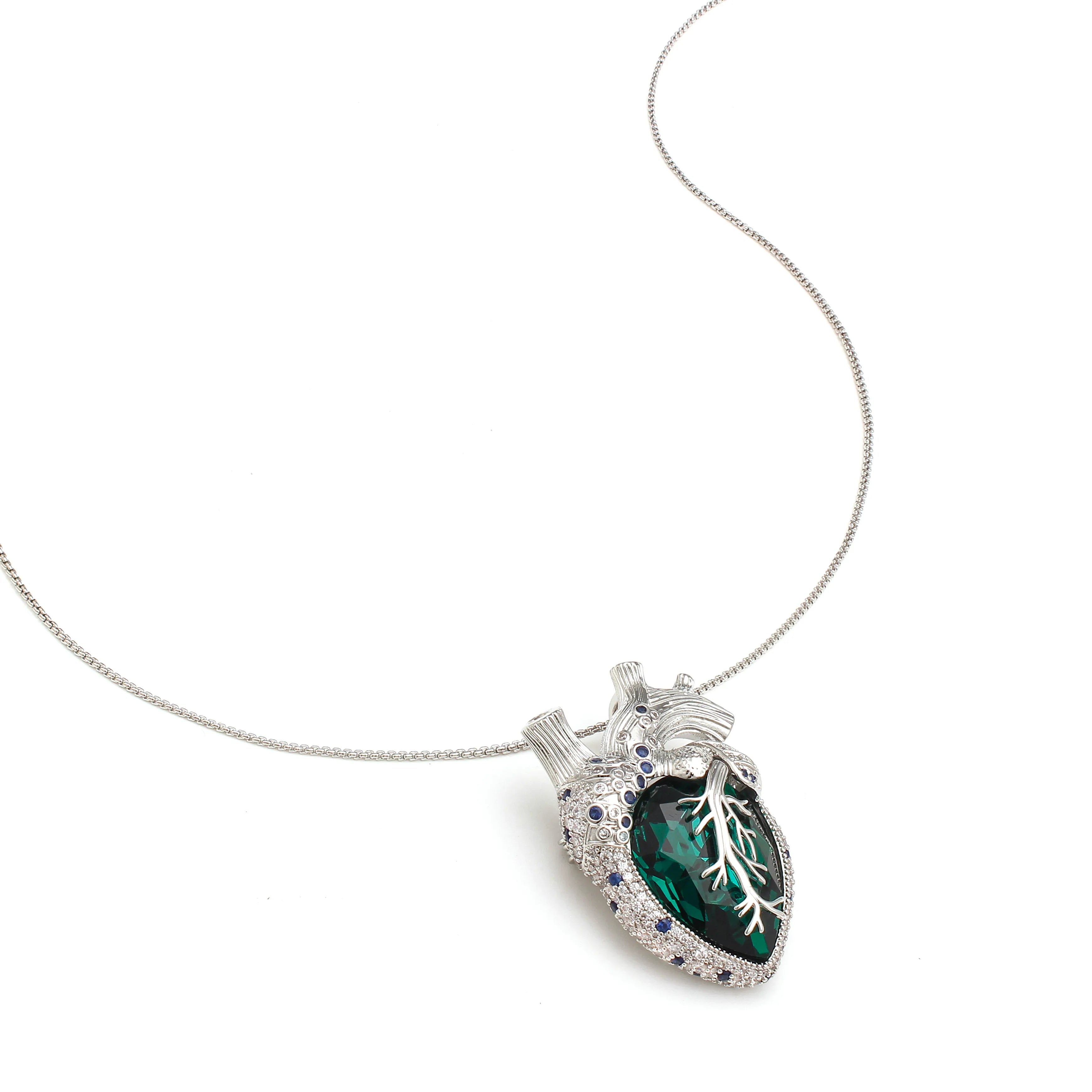Cor Vitae Brooch Emerald Heart Edition Anatomical Heart Silver & Emerald Crystal Brooch