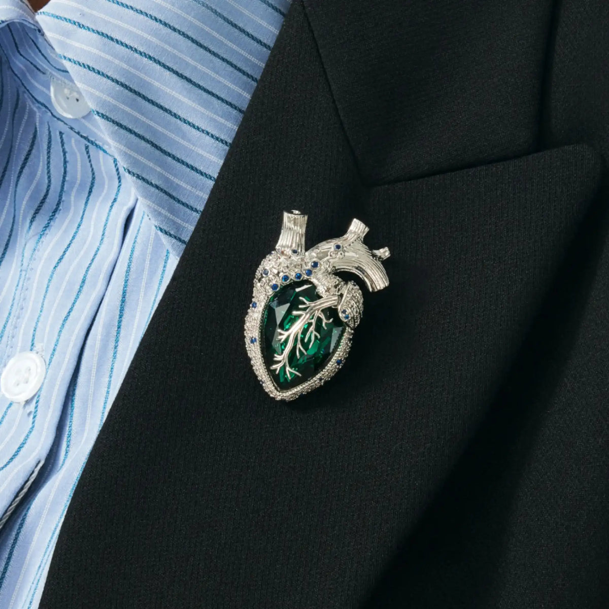 Cor Vitae Brooch Emerald Heart Edition Anatomical Heart Silver & Emerald Crystal Brooch