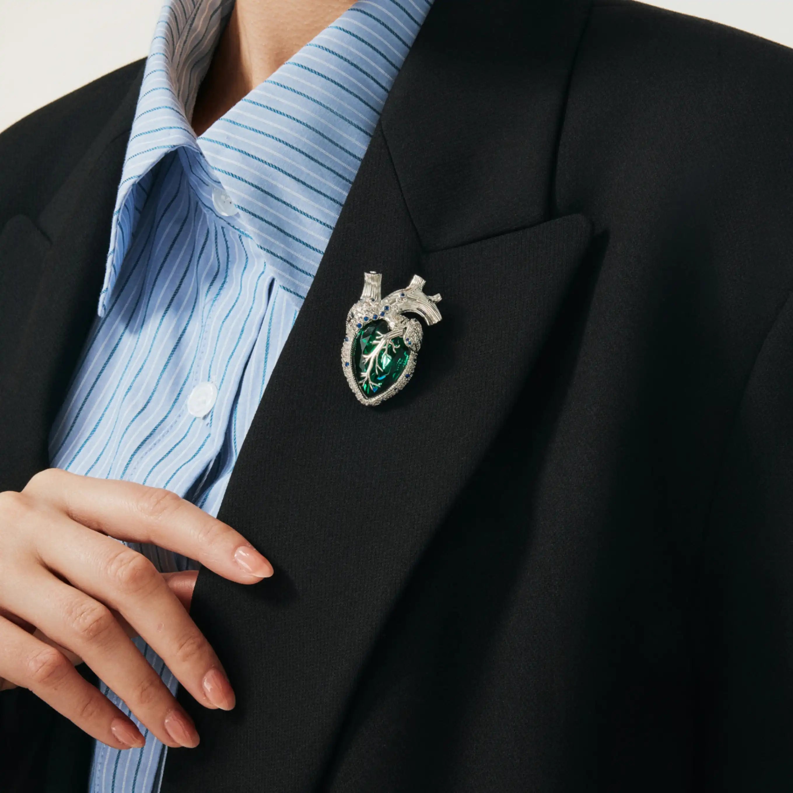 Cor Vitae Brooch Emerald Heart Edition Anatomical Heart Silver & Emerald Crystal Brooch