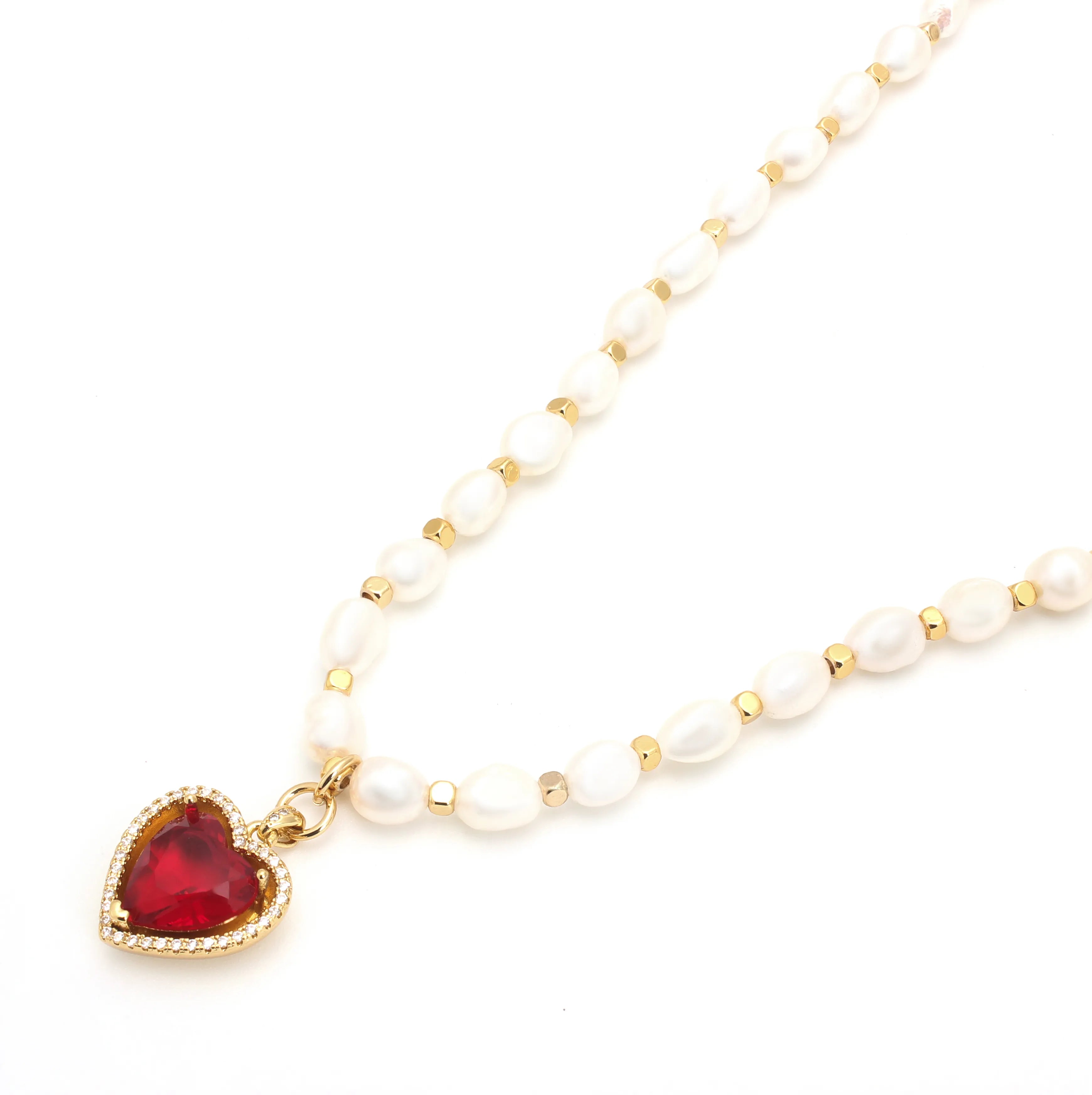 Amora Necklace Freshwater Pearl Necklace with Red Heart Pendant