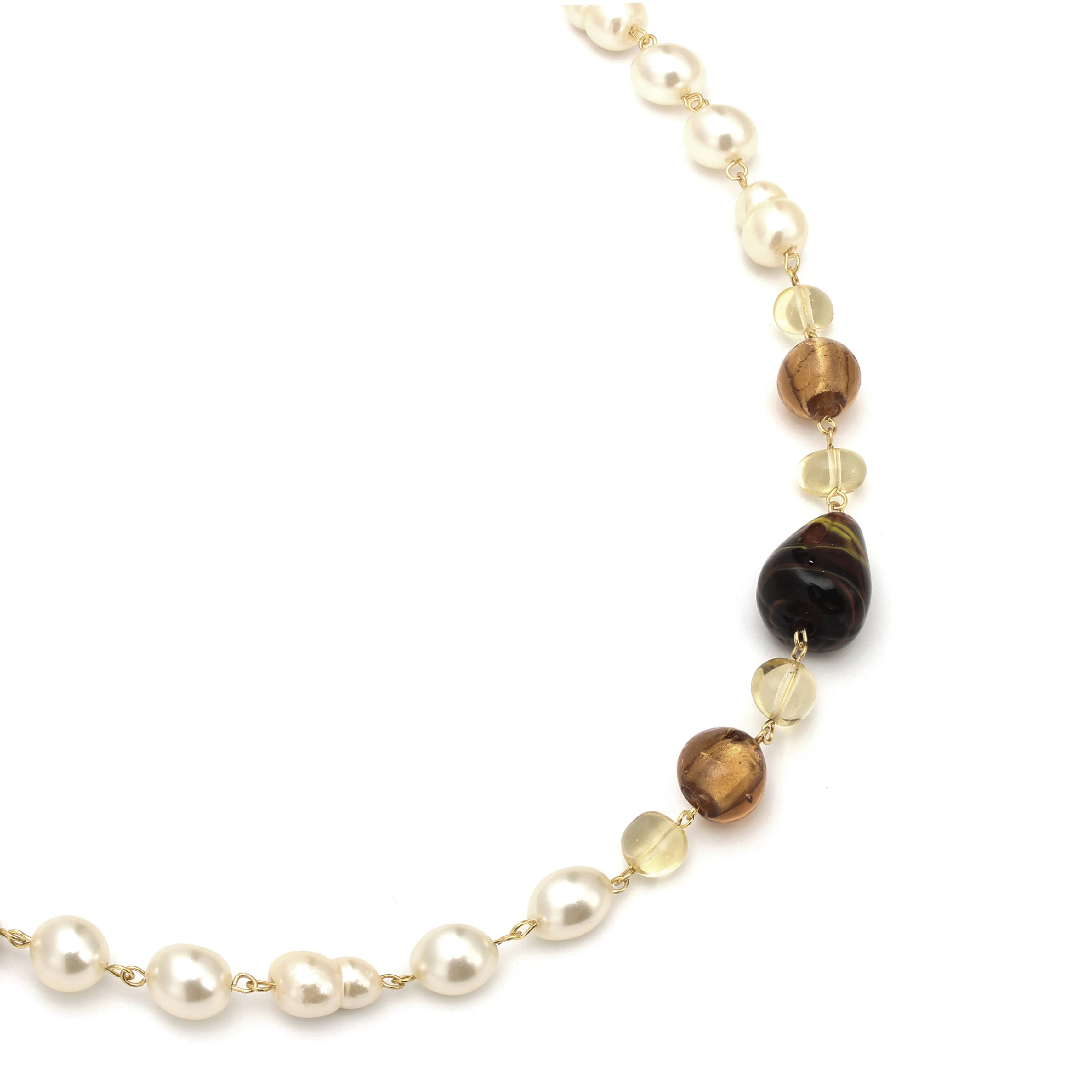 Aurelia Long Necklace Freshwater Pearls & Amber-Tone Crystal Beads