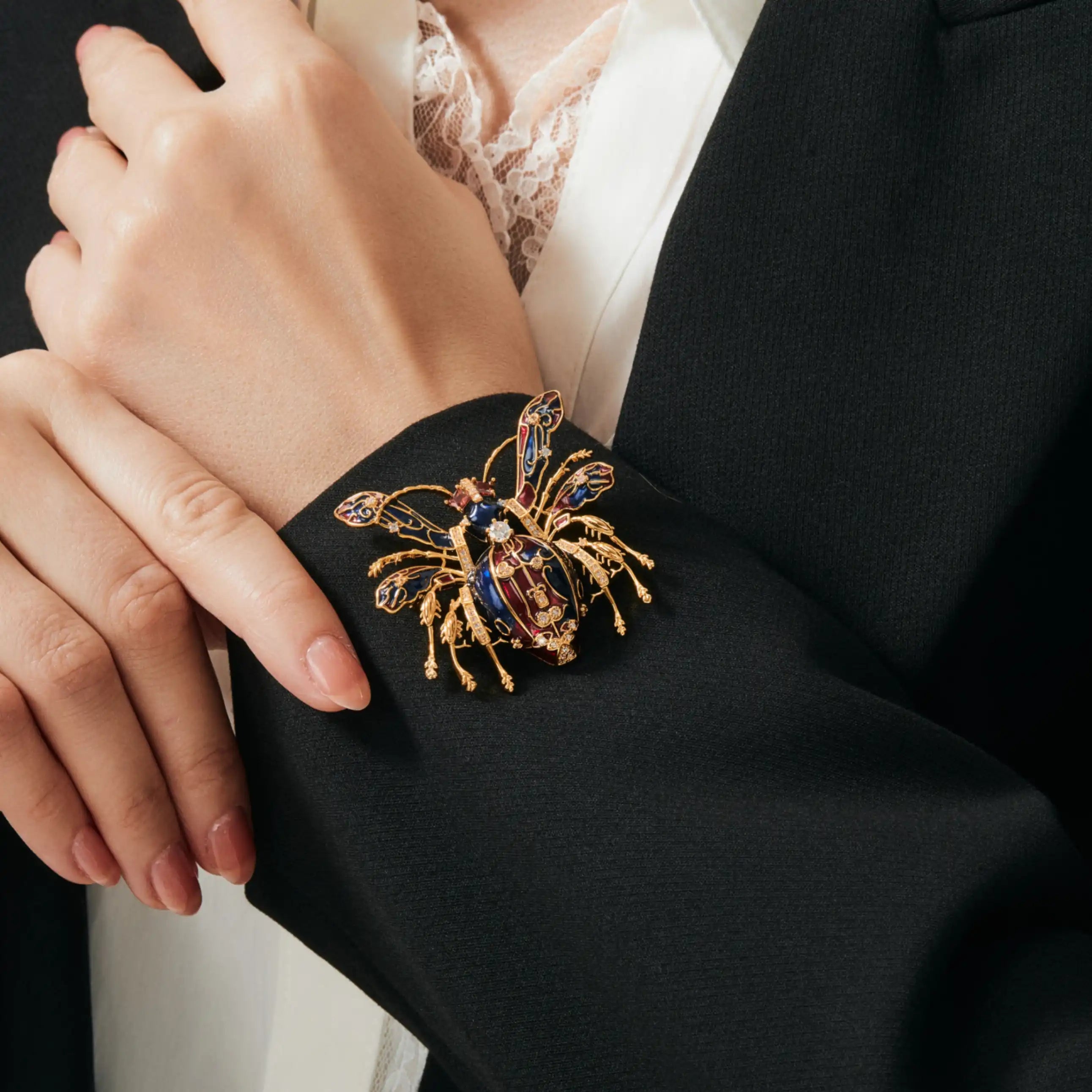 Imperial Bee Regal Enamel & Crystal Brooch Black & Ruby Red