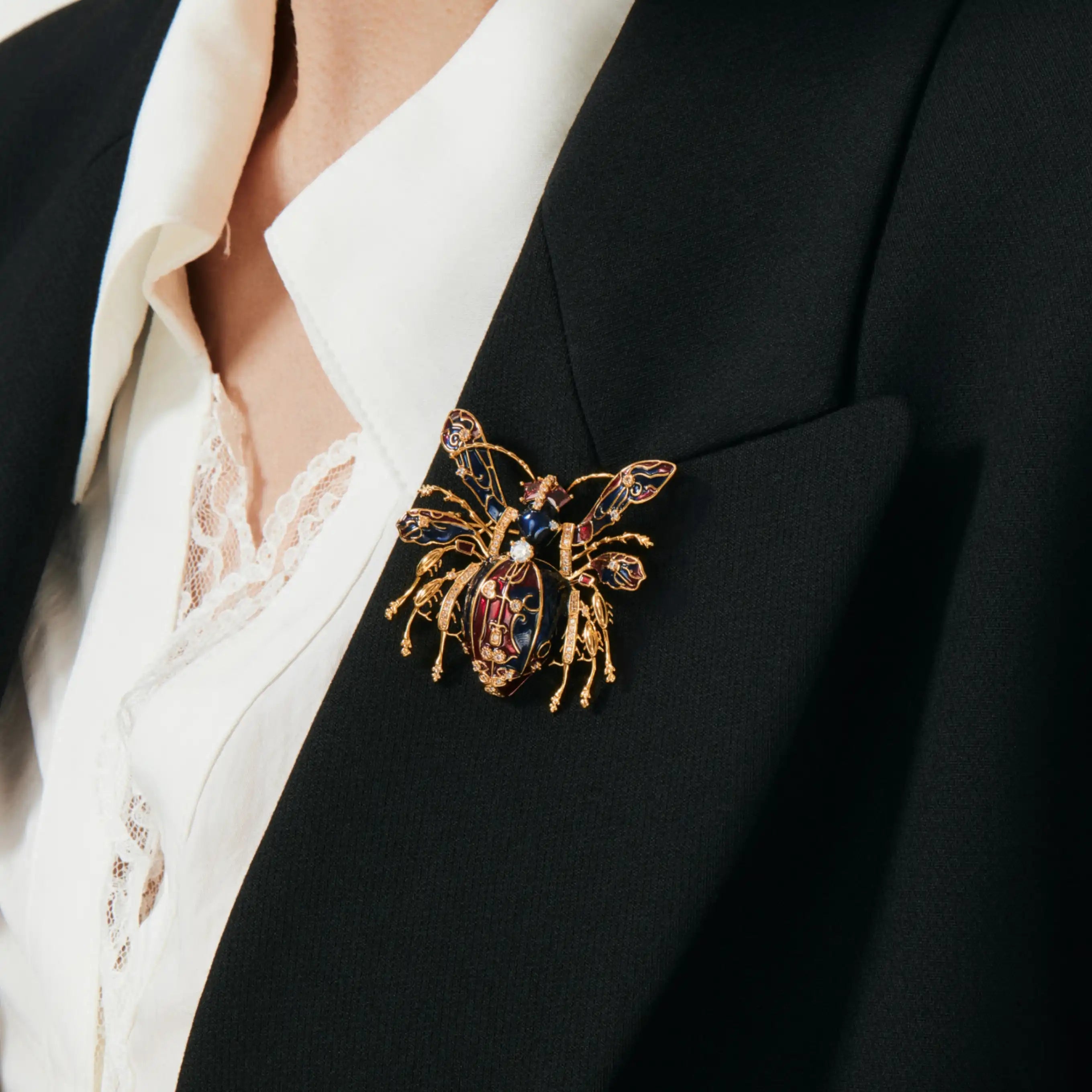 Imperial Bee Regal Enamel & Crystal Brooch Black & Ruby Red