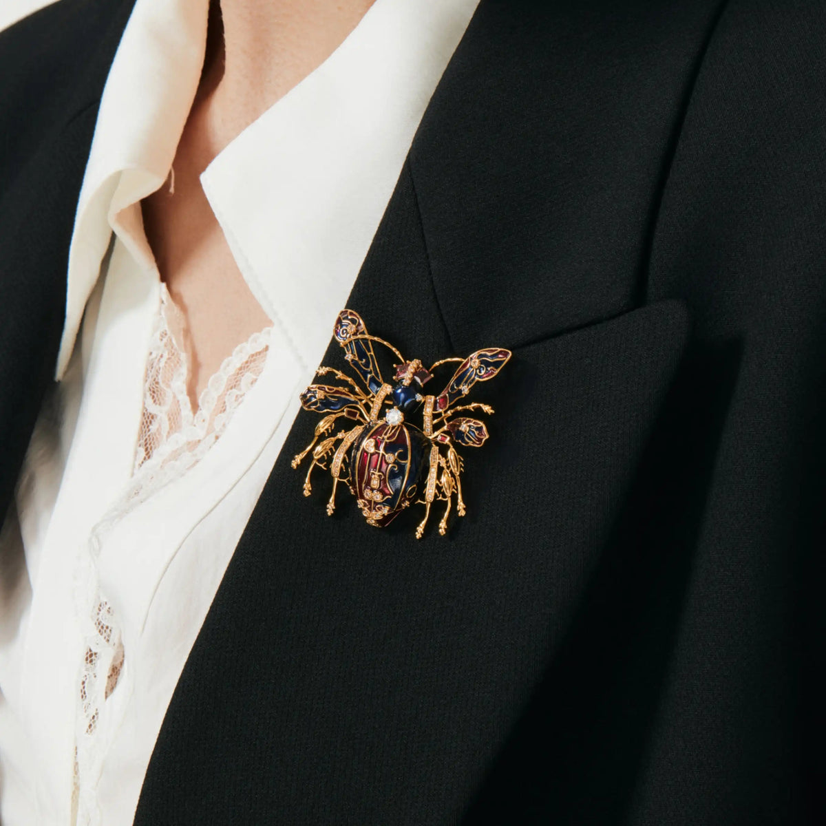 Imperial Bee Regal Enamel & Crystal Brooch Black & Ruby Red