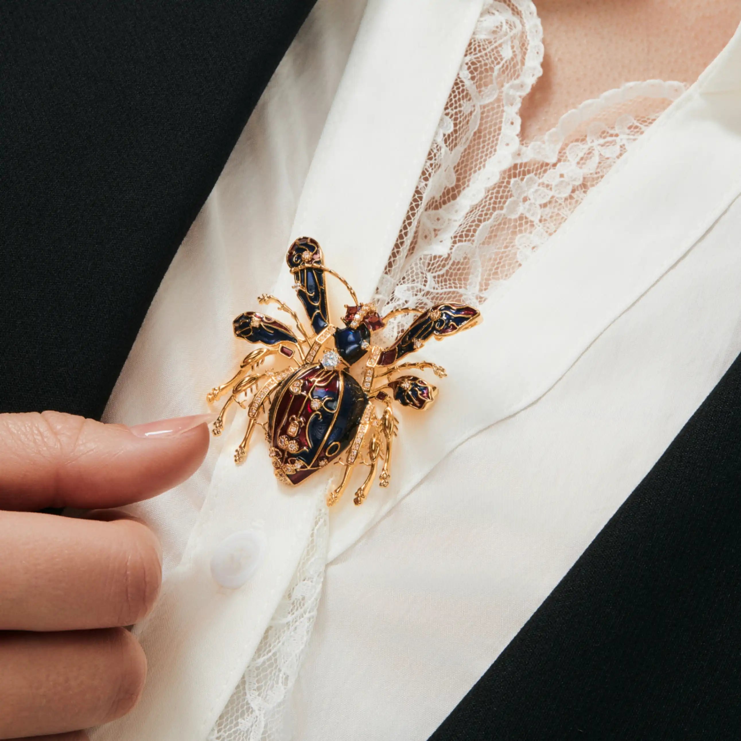 Imperial Bee Regal Enamel & Crystal Brooch Black & Ruby Red